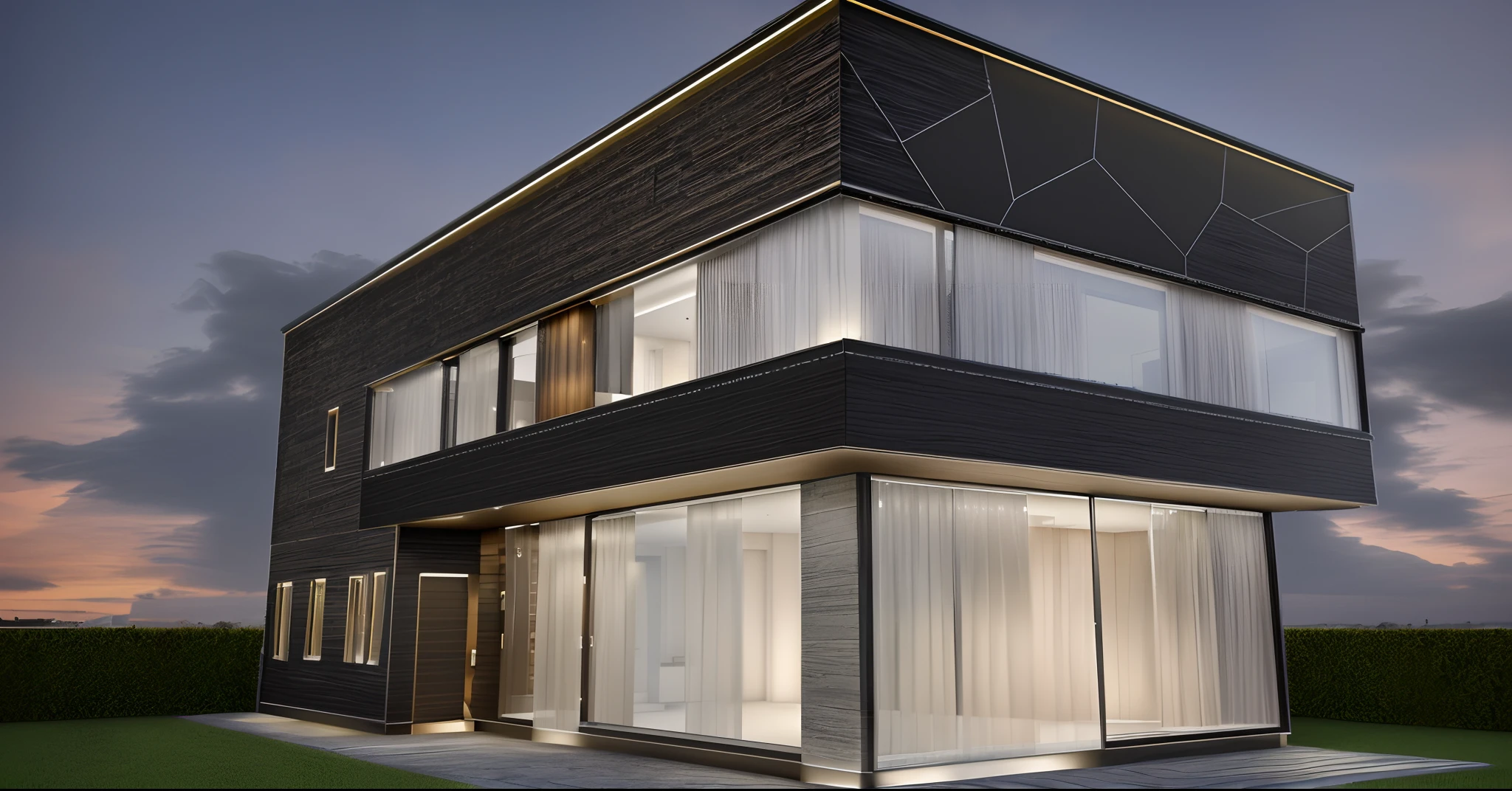 a rendering of a modern house with a lot of windows, vue 3d render, concept house, 3d finalrender, 3 d finalrender, architecture render, architectural render, architectural concept, 3d-render, comprehensive 2 d render, with 3 d render, with 3d render, low angle dimetric rendering, 2 d render, render 3 d, RAW photo,Masterpiece, high quality, best quality, authentic, super detail,
exterior, house style modern on the garden with glass windows, glass doors,stains, balcony, railing glass
the style of dark gray and bronze,bold black outlines, clean lin,modernism,Realistic reflexes,realistic light, beautiful summer sky, trees, grass