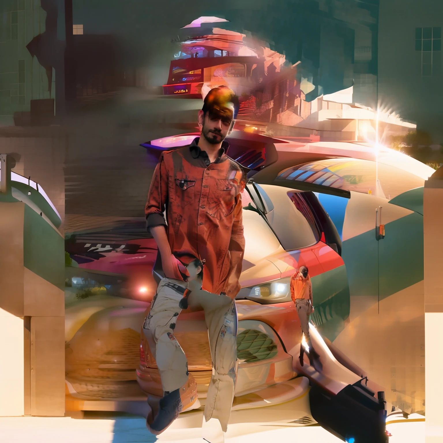 arafed man standing next to a car in front of a building, mohamed chahin style, style of ade santora, realism artstyle, casual photography, realism art, low quality, riyahd cassiem, profile picture 1024px, clean artstyle, potrait, by Abidin Dino, photograpgy, semi realism