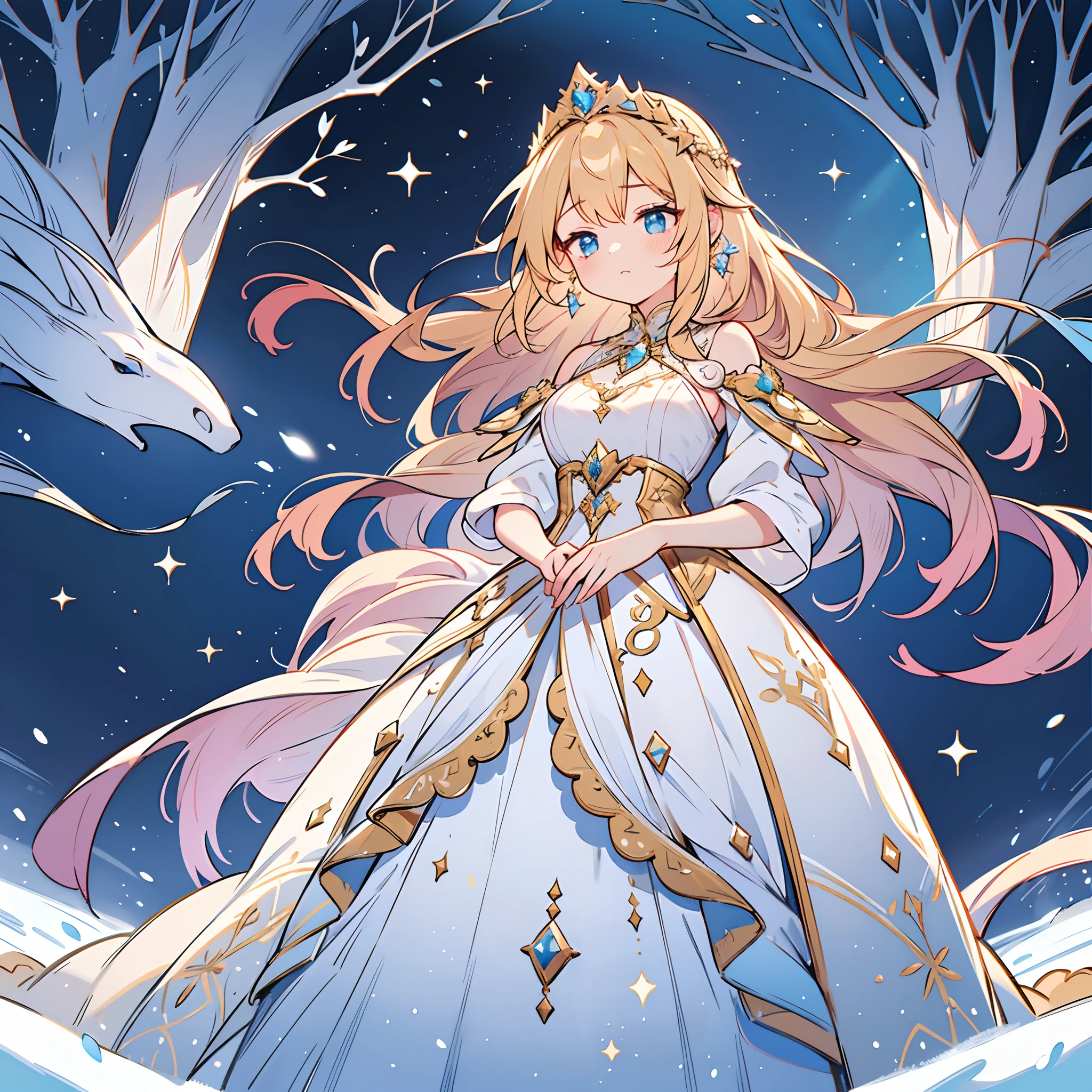 (highres,masterpiece:1.2),beautiful princess,sparkling blue eyes,flowing golden hair,fair porcelain skin,wearing a magnificent gown adorned with intricate embroidery and shimmering jewels,standing elegantly with a regal poise in a snowy landscape,holding a delicate snowflake in her hand, surrounded by a subtle glow of moonlight and twinkling stars,creating a magical atmosphere,reflecting the enchantment of the winter season,portraits,soft pastel color palette,ethereal lighting.