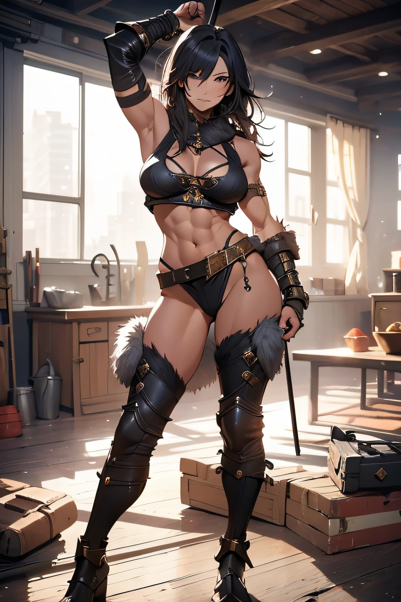 1girl, solo, mature, (female barbarian), muscle, muscle female, erotic body, large breast, skimpy armor, fur armor, (masterpiece), best quality, ahoge, standing, action, feet out of frame, highly detailed face, looking at viewer,