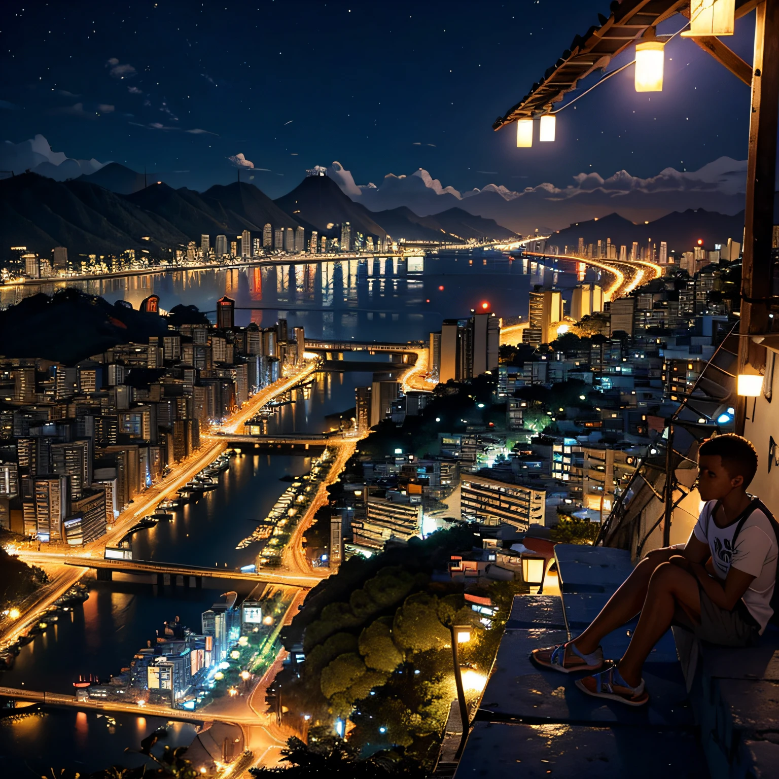 favela Rio de janeiro a noite, alto do morro, noite estrelada, menino sentado do alto, muito vento, muito movimento