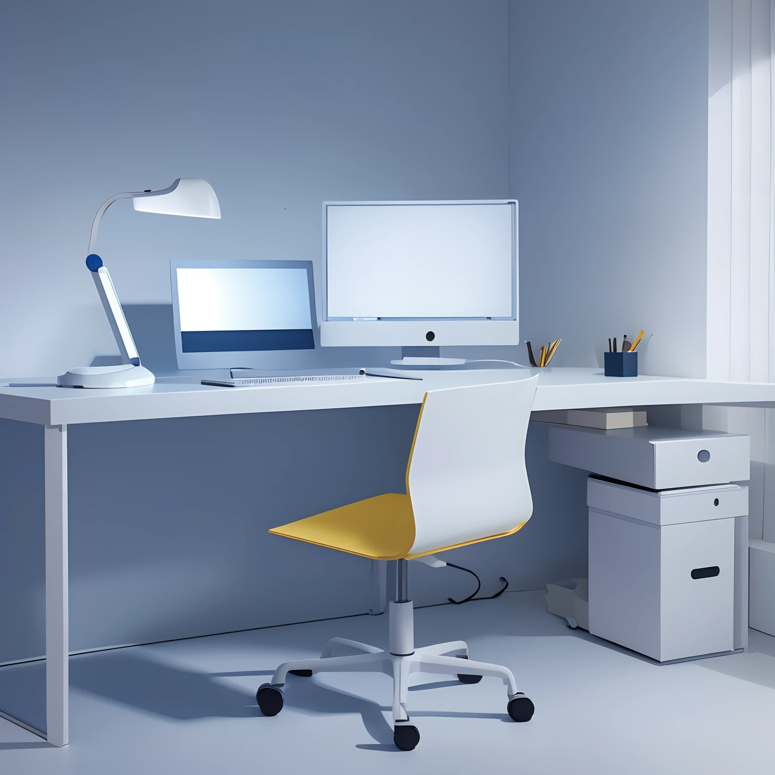 (working desk, white background), pc on desk, chair, desk, soft lightning, yellow, blue, white, grey, futuristic, technology, simple shading