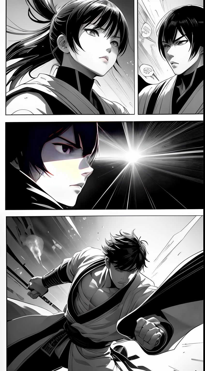 (illustration)comic page,There are multiple panels on the page:Black and white gray Japanese manga page, Jump Magazine,Hot-blooded martial arts comics, CG,Game animation characters,author:Kei Okamoto。,Highly detailed dynamics reveal the film's clear lines, Stunning,Vivid lighting and vivid shadows,Smoke transformation,Arc of light,Explosive particles,Strong visual impact. Dynamic,lightand shade contrast,Irregular pictures,breathtaking moment ,Soft Light - niji 5 --q 2 ---16K(Speech bubbles with text on the picture,Comic sound effect stickers)
