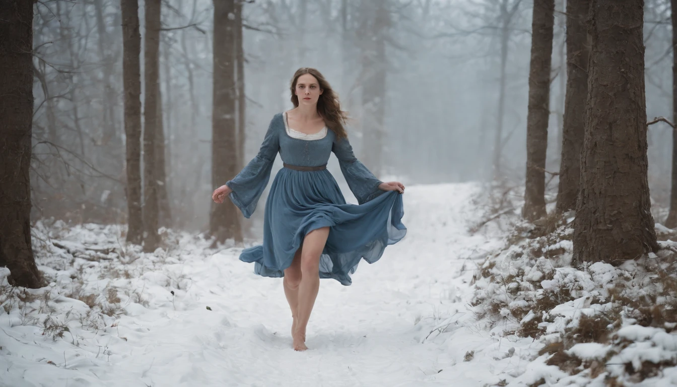 medieval Hungary, bare feet peeking out from tattered grey blue skirts, running over snow, night, hungarian forest, eerie, mystical, stained dress, cinematic scene from film
