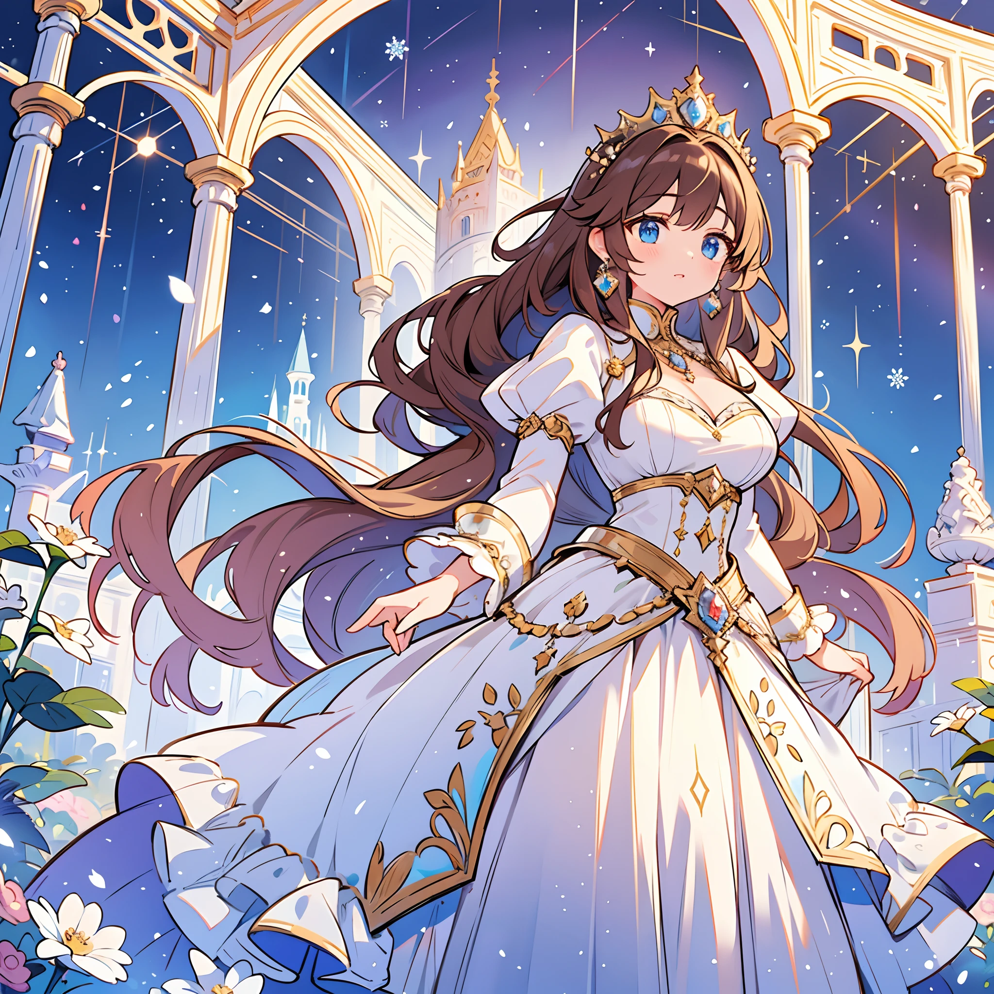 (best quality,4k,highres),the princess of the month of February,long brown hair,sparkling blue eyes,elegant dress,fairytale setting,majestic castle,soft lighting,romantic atmosphere,vibrant colors,winter scenery,blooming flowers,delicate snowflakes,dreamy ambiance,queen-like stature,graceful posture,royal crown,enchanted forest,magical aura,luxurious jewelry,regal presence,artistic interpretation,stunning details,sharp focus,impeccable beauty,lively and vivid,inspiring and captivating
