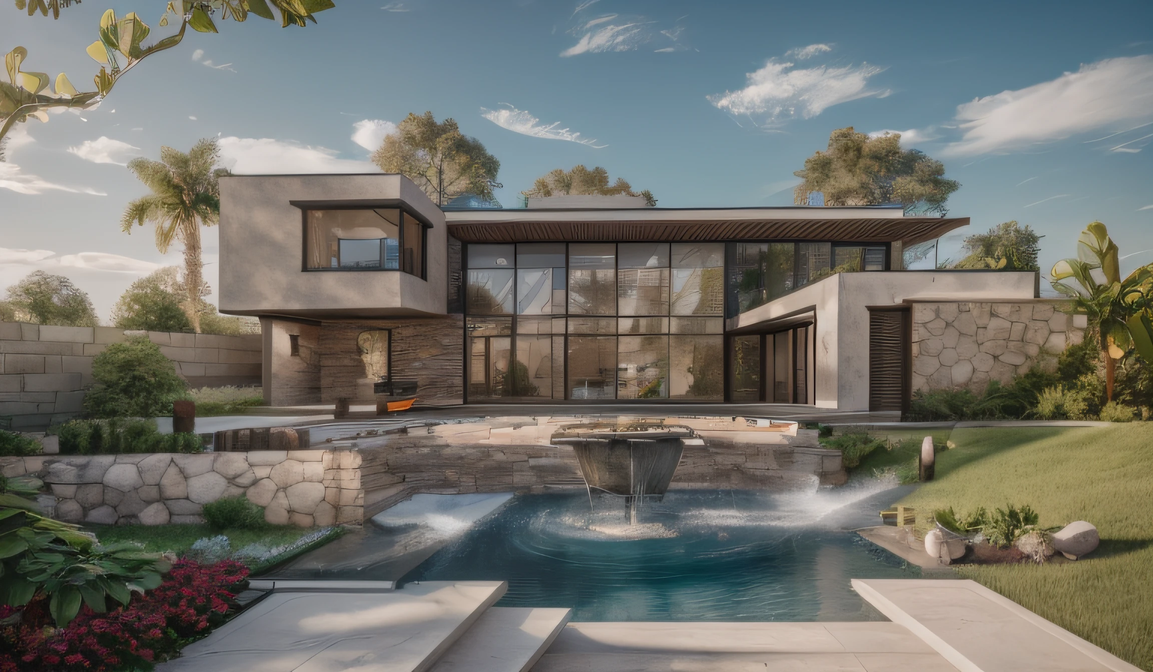 A rendering of a house with a pool and a fountain - SeaArt AI