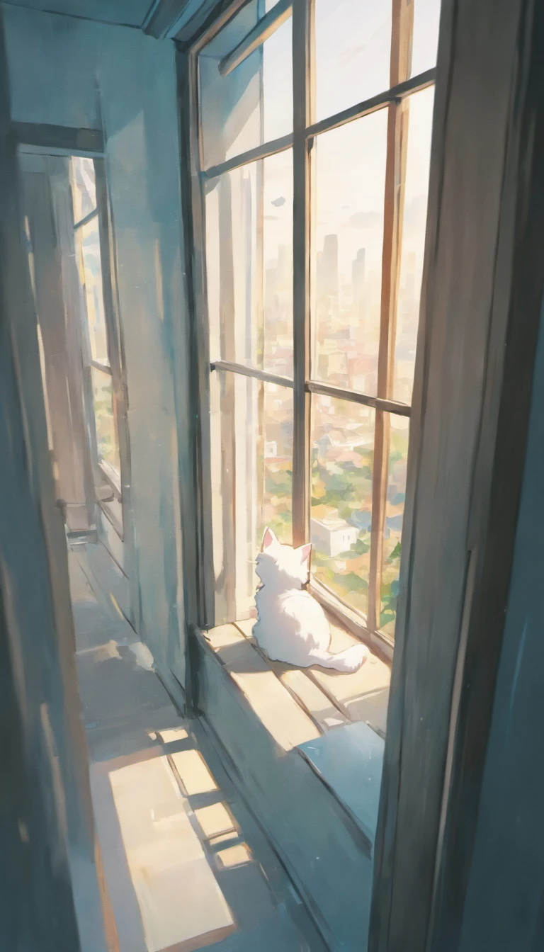 A white kitten looks out the window with his back to Lonely