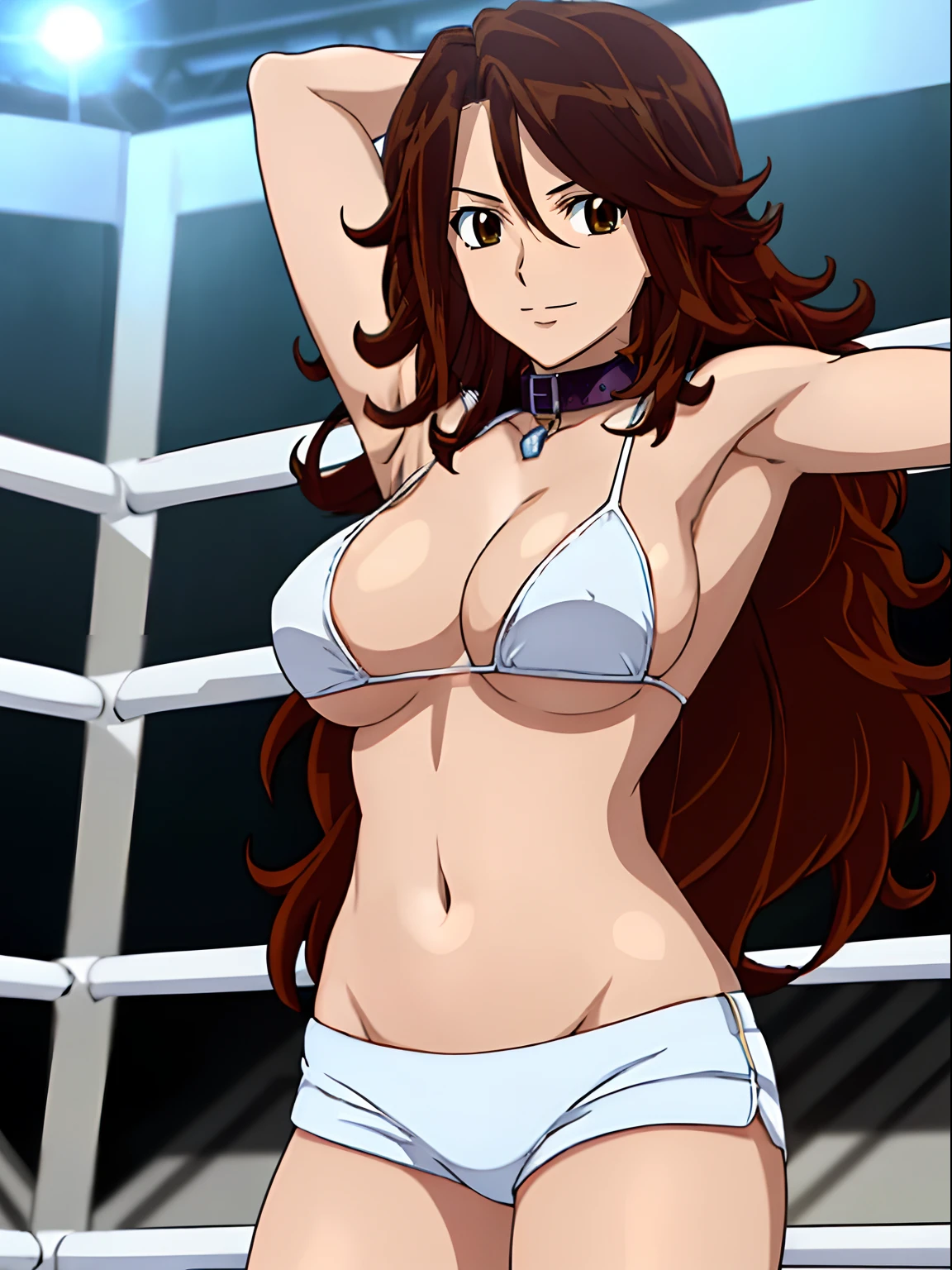 cowboy shot, upper body view, anime style: 1.8, anime drawing, ultra detailed face, ultra detailed body, 4k, Sumergai Lee Noriega, (standing), best quality, anime style, hires, highest definition, digital blending, bold drawing lines, ((slender body, female wrestler), (location: wrestling arena, crowds watching), (weak body, slender body, broad shoulders, slim arms, little biceps, thighs), ((white micro bikini, shorts, groin, white boots, don't show hands, collar)), victorious, winner, smile, , (big breasts), (big eyes, brown eyes), (warming up), (brown hair, loose hair, curly hair, wavy hair, long hair, missy hair), 27 years old, (armpits)