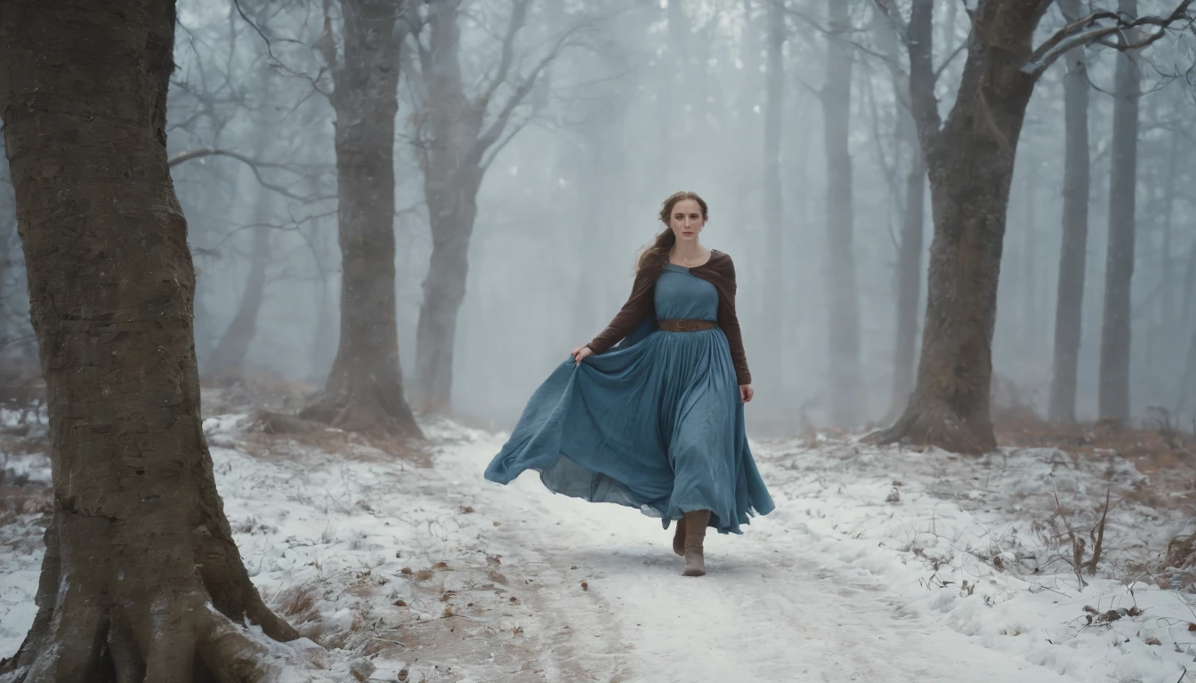 close up, medieval Hungary, bare feet peeking out from tattered grey blue skirts, running over snow, night, darkness, forest, eerie, mystical, stained dress, cinematic scene from film