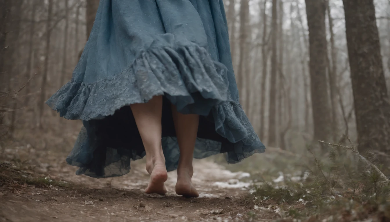 close up, medieval Hungary, bare feet peeking out from tattered grey blue skirts, running over snow, night, darkness, forest, eerie, mystical, stained dress, cinematic scene from film