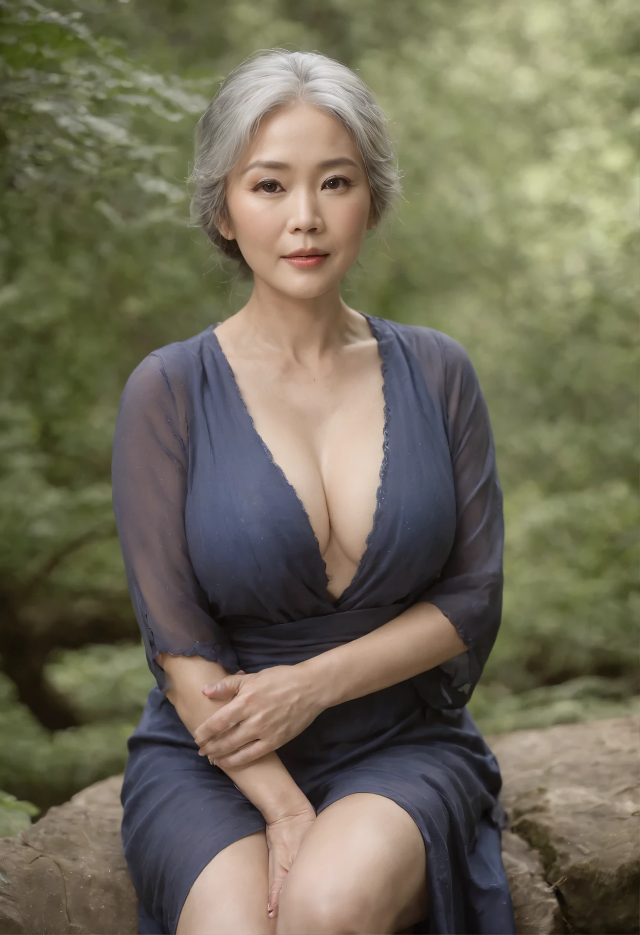 (((Plump Japan))),(((A full body photograph of beautiful))) ,large boob,cleavage of the breast,light skinned, Women around 65 years old, Natural gray hair, Dark brown eyes are characteristic, Wear a sheer dress with underwear, slender and graceful,,,, Beautiful, In the forest with a natural atmosphere, Ultra Sharp Focus, realistic shot, Bewitching women's clothing, Tetradic color (Scar:1.4)