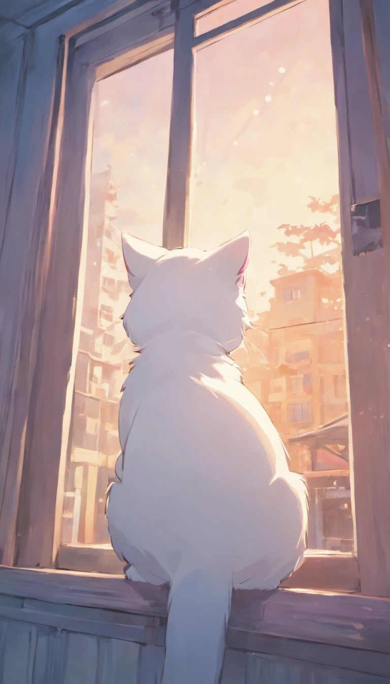 A white kitten looked out the window alone,The back view of the kitten