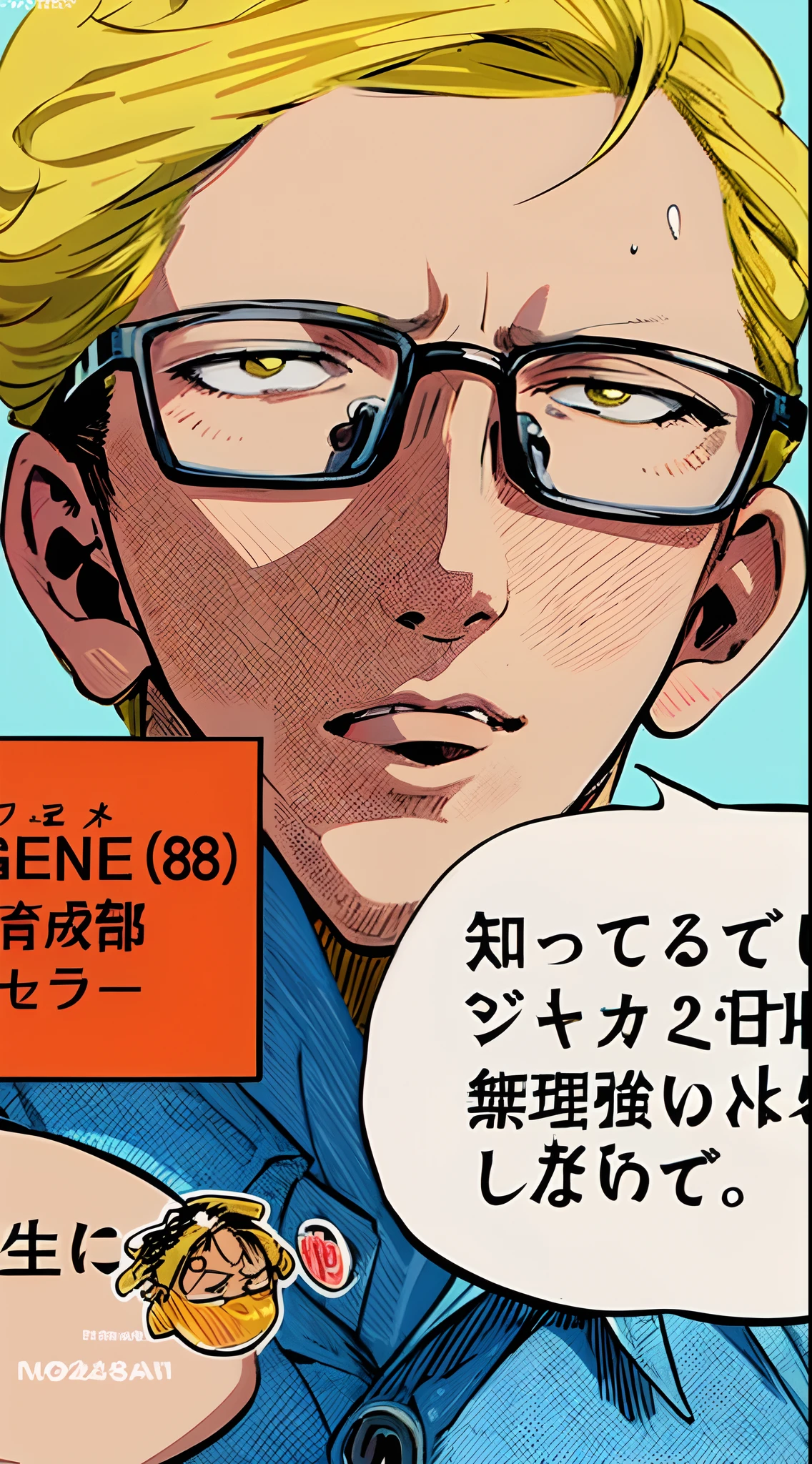 a anime of a boy cartoon, blonde hair, glasses, manga, text manga, color manga, manga color, color manga, color manga panel, a simple background