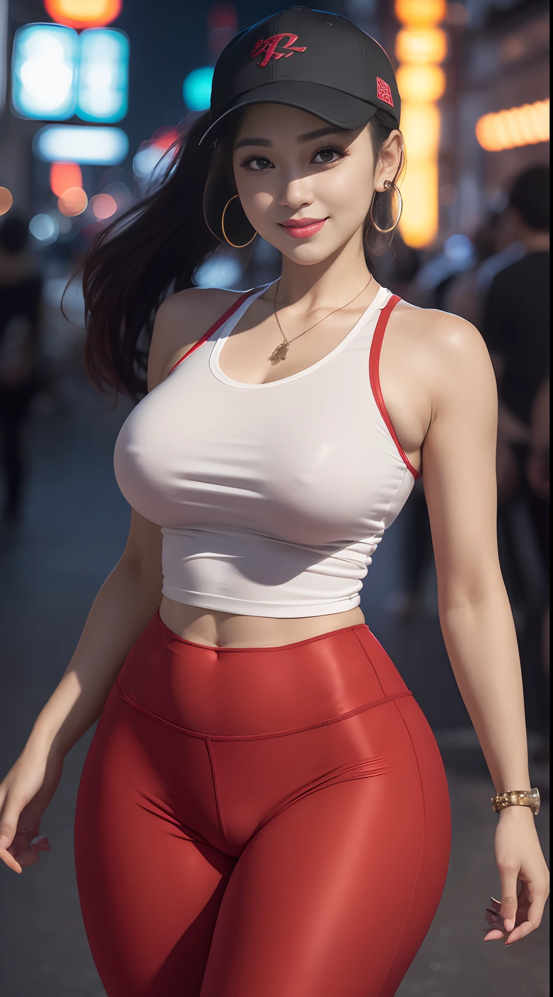 8k, masterpiece, RAW photo, best quality, photorealistic, extremely detailed CG unity 8k wallpaper, Depth of field, Cinematic Light, Lens Flare, Ray tracing, (extremely beautiful face, beautiful lips, beautiful eyes), intricate detail face, ((ultra detailed skin)) 1girl, full body, big breasts, in the dark, deep shadow, pretty korean girl, kpop idol,(very slim slender fit-muscled body), ((looking at viewer)),(big smile), (fashion city night, (neon sign), (blurry background), midnight, (vacant city), (without people in the background), pretty korean girl, white diamond earrings, dia bracelets, dia necklace, clear eyes, walking , front shot, (pale skin), face forward, (big eyes), ((upper body shot)), (baseball cap), ((red color leggings)), (camel toe,  shape), ((T-shirt, that say TURN BACK CRUME)), (ponytail) (looking at viewer), ((smile))