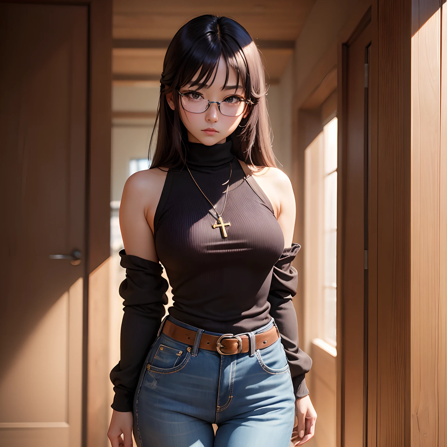 (masterpiece, best quality:1.2),  cowboy shot, solo, 1girl, shizuku murasaki, expressionless, looking at viewer, arms behind back, brown eyes, glasses, black turtleneck, jeans, nsfw,cross necklacenecklace