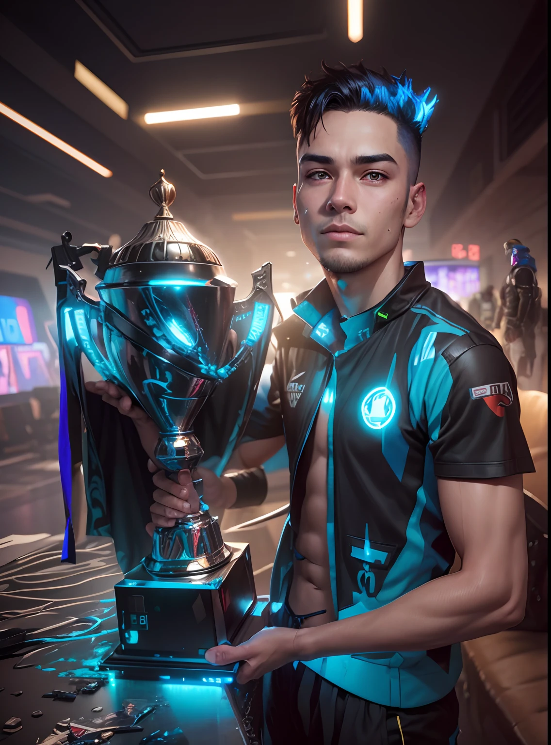 Handsome boy realistic face cyberpunk worldcup trophy