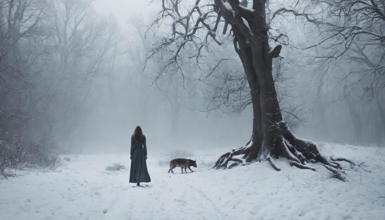 (best quality,4k,8k,highres,masterpiece:1.2),ultra-detailed,realistic,close-up,medieval Hungary,night scene,running over snow,darkness,forest,eerie,mystical,stained dress,cinematic, 
bare feet peeking out from tattered grey blue skirts,mysterious atmosphere,historical setting,texture of the dress,moonlight,haunting,ethereal beauty,loneliness,lost in the woods,silhouette of trees,mysterious shadows,ancient ruins,
mystifying aura,ominous,ruined castle silhouette,ancient folklore,ghostly whisper,whispering wind,secrets hidden in the darkness,whispering leaves,distant howling of wolves,void of silence,ethereal glow,magic in the air,enchanted,
dreamlike,toes delicately sinking in the snow,ancient symbols,twisted branches,monochrome color palette,pale moonlight,piercing gaze,pale complexion,frozen breath in the cold,thick fog slowly creeping in,hauntingly beautiful.