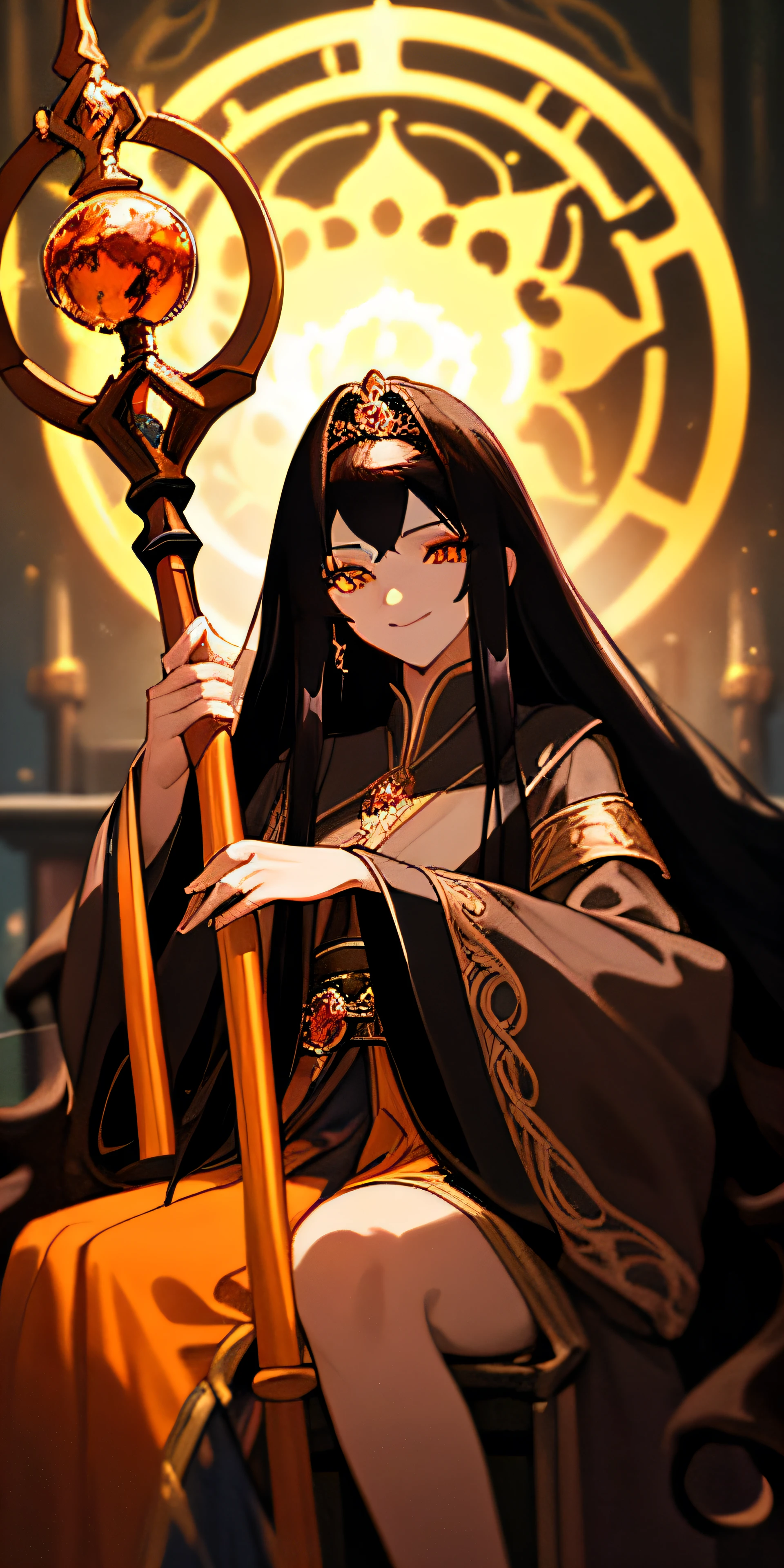 （tmasterpiece，best qualtiy），A long black hair，Beautiful girl with amber eyes wearing mage robes，Sit on the throne of the palace，holding a staff，With a smile on your face，blur foreground，The overall tone is dark