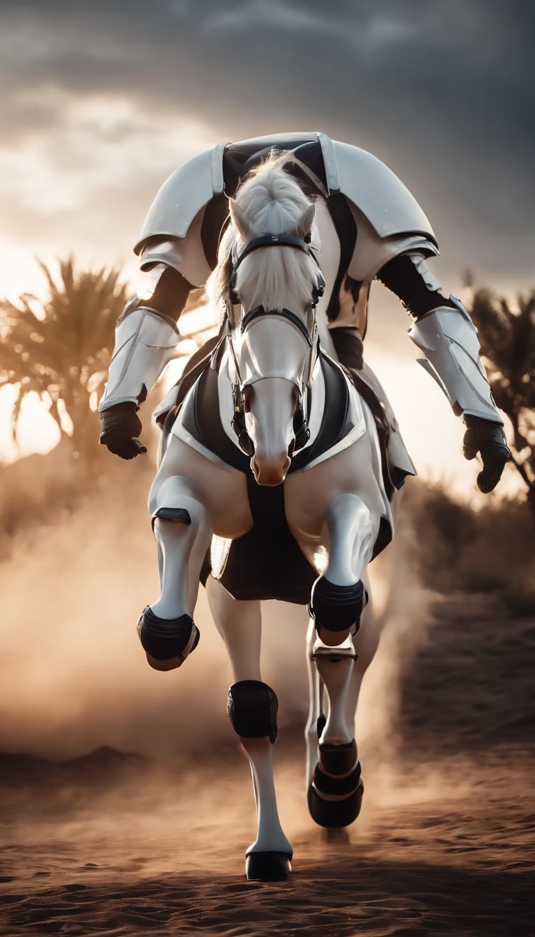 mtu，Wear armor general battle suit，Ponytail hairstyle，Ride a white horse，Glowing skin，suns，Wind surrounds，Motion blur background，looks into camera，Contre-Jour，8k，super detailing，tmasterpiece，best qualtiy