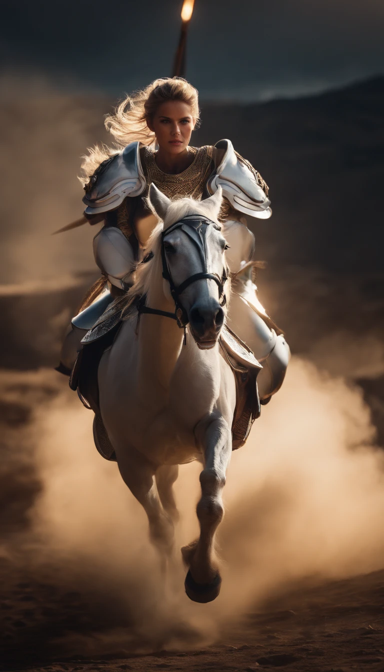 mtu,Wear armor general battle suit,Ponytail hairstyle,Ride a white horse,Glowing skin,suns,Wind surrounds,Motion blur background,looks into camera,Contre-Jour,8k,super detailing,tmasterpiece,best qualtiy