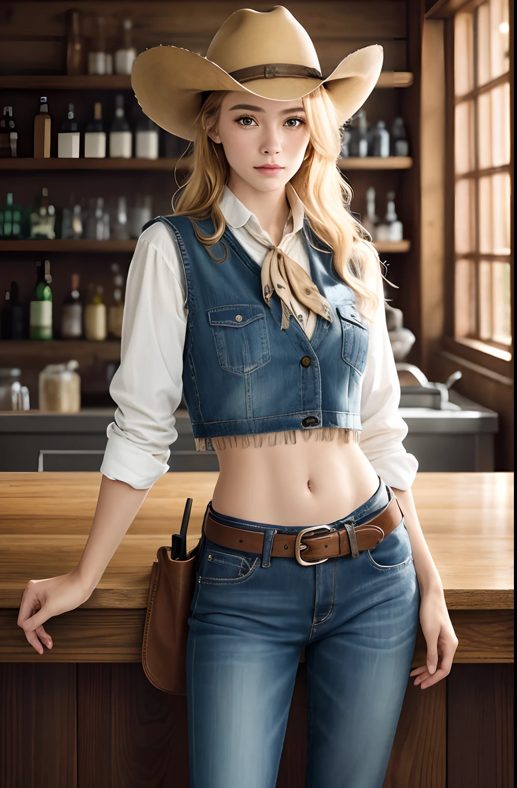 Cinematic portrait photography、octan render、8K、1girl in、Calm、Calm、(Eye for realistic details、natural skin textures、Realistic face details)、Soft dramatic lighting、depth of fields、bokeh dof、vibrant detail、finely detail、Surreal、100mm film、Sexy cowgirl, Beautiful cowgirl, huge breasts, big butt, Hazy blur、filmg、a blond、verd s eyes、Cowgirl costume, cowboy boots, fringe trim, vests, Tied shirt, Midriff, holster, bandana, Sheriff Badge, Glass on the counter, a bar counter, Wooden wall,Riding a horse to a man, cowboy hat, gun in her hand, gun in her belt, sexy look, sitting on the bar
