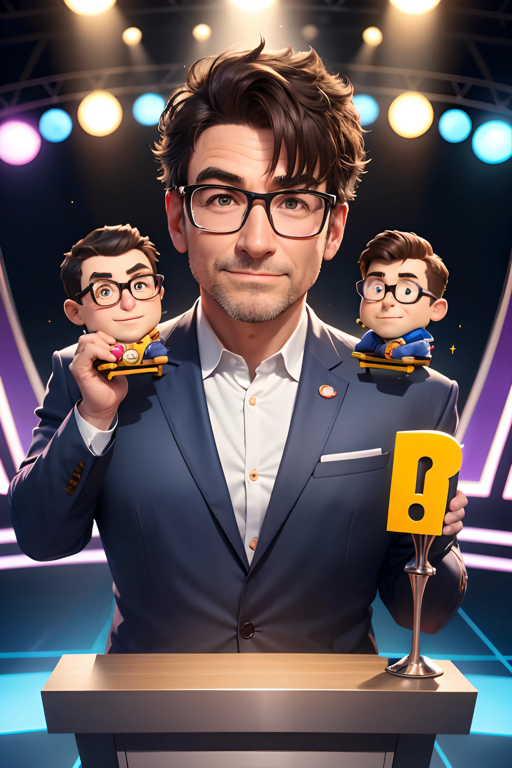 Create a Pixar male character in your forties, vu un plan, poitrtine il doit etre de face, big head, t^Kind with glasses, who is the host of a game show. They should stand in front of game show podiums similar to those seen on "Questions for a Champion" or other quizzes....