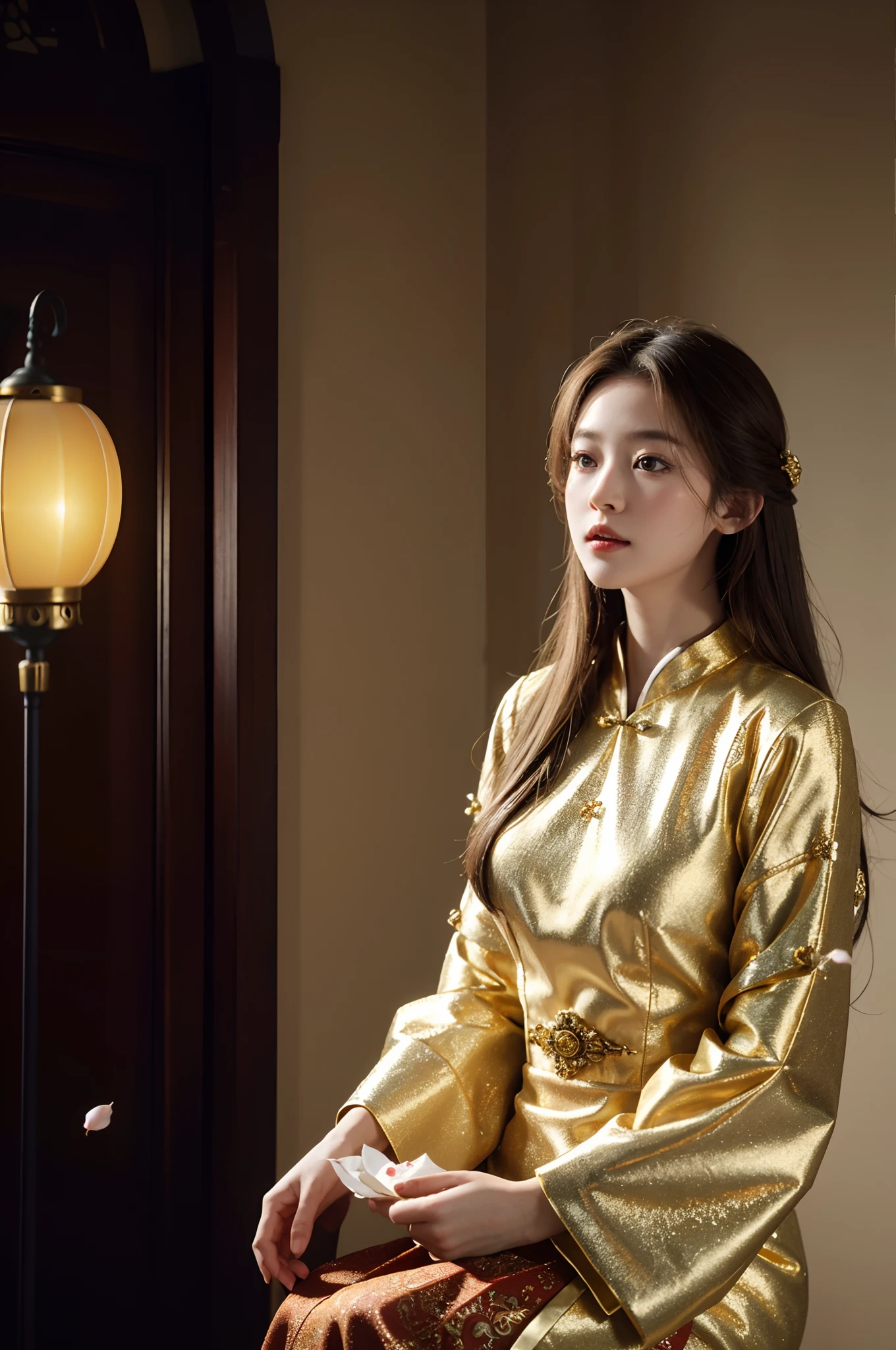 best quality, masterpiece, highres, (exquisite body:1.5),gorgeous face,(milky skin:1.3),intricate details,high resolution,wallpaper,
1girl, solo, dress, hair ornament, (((gold and red dress))), flowers, long hair, brown hair, closed mouth, jewelry, long sleeves, hand up, wide sleeves, big eyes,floating hair, chinese clothes, hanfu, embroidery, long skirt, natural pose, falling petals, indoor,fanning, lantern,
16K,HDR,highres,depth field,(film grain:1.1),boken,golden hour,(lens flare),vignette,rainbowing,(color grading:1.5)