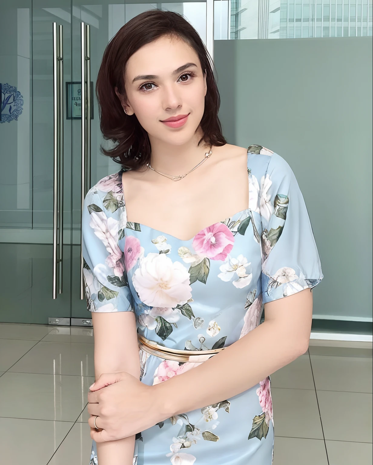 there is a woman standing in a room with a blue dress, hybrid of gal gadot, cindy avelino, valentina remenar, she is about 2 0 years old, she is about 20 years old, she is about 2 , gal gadot china plate, dressed in a flower dress, floral clothes, julia fuentes, 2 3 years old