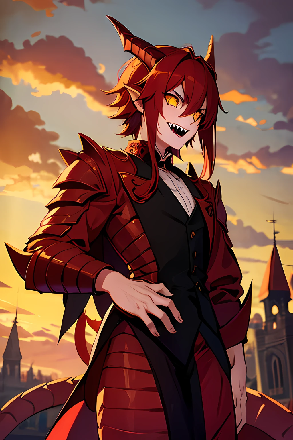 1dragon guy, dark red hair, goth school uniform, sharp teeth, fantasy school, freckles, red scales mixed with skin, yellow eyes