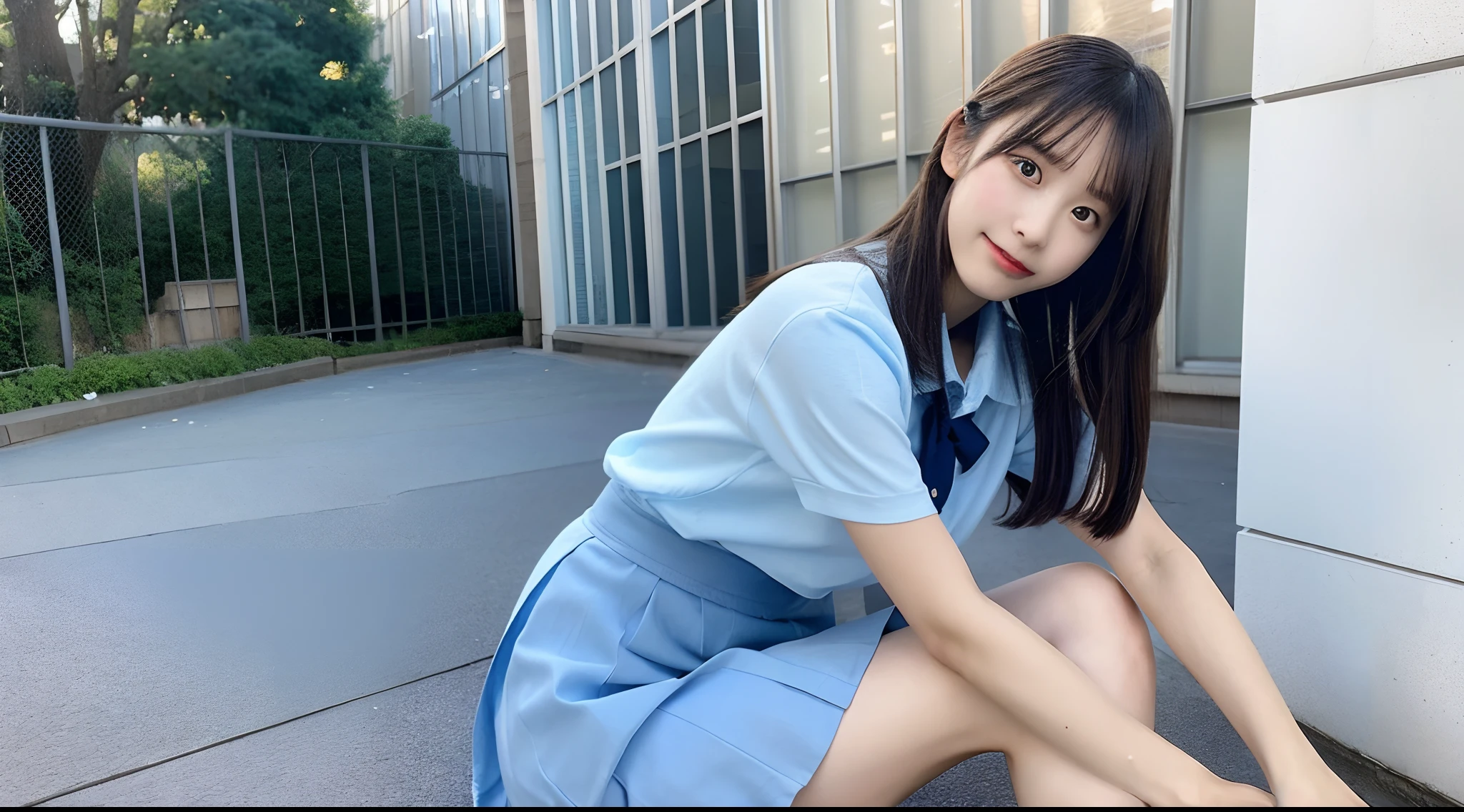 18 year old schoolgirl in white shirt and light blue miniskirt（twin tails）