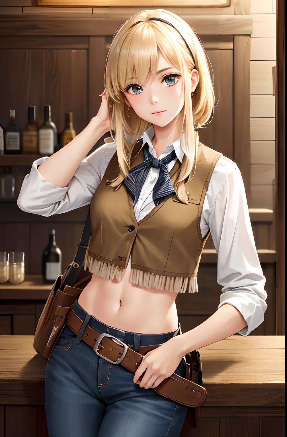 Cinematic portrait photography、octan render、8K、1girl in、Calm、Calm、(Eye for realistic details、natural skin textures、Realistic face details)、Soft dramatic lighting、depth of fields、bokeh dof、vibrant detail、finely detail、Surreal、100mm film、Hazy blur、filmg、a blond、verd s eyes、Cowgirl costume, cowboy boots, fringe trim, vests, Tied shirt, Midriff, holster, bandana, Sheriff Badge, Glass on the counter, a bar counter, Wooden wall,Riding a horse to a man