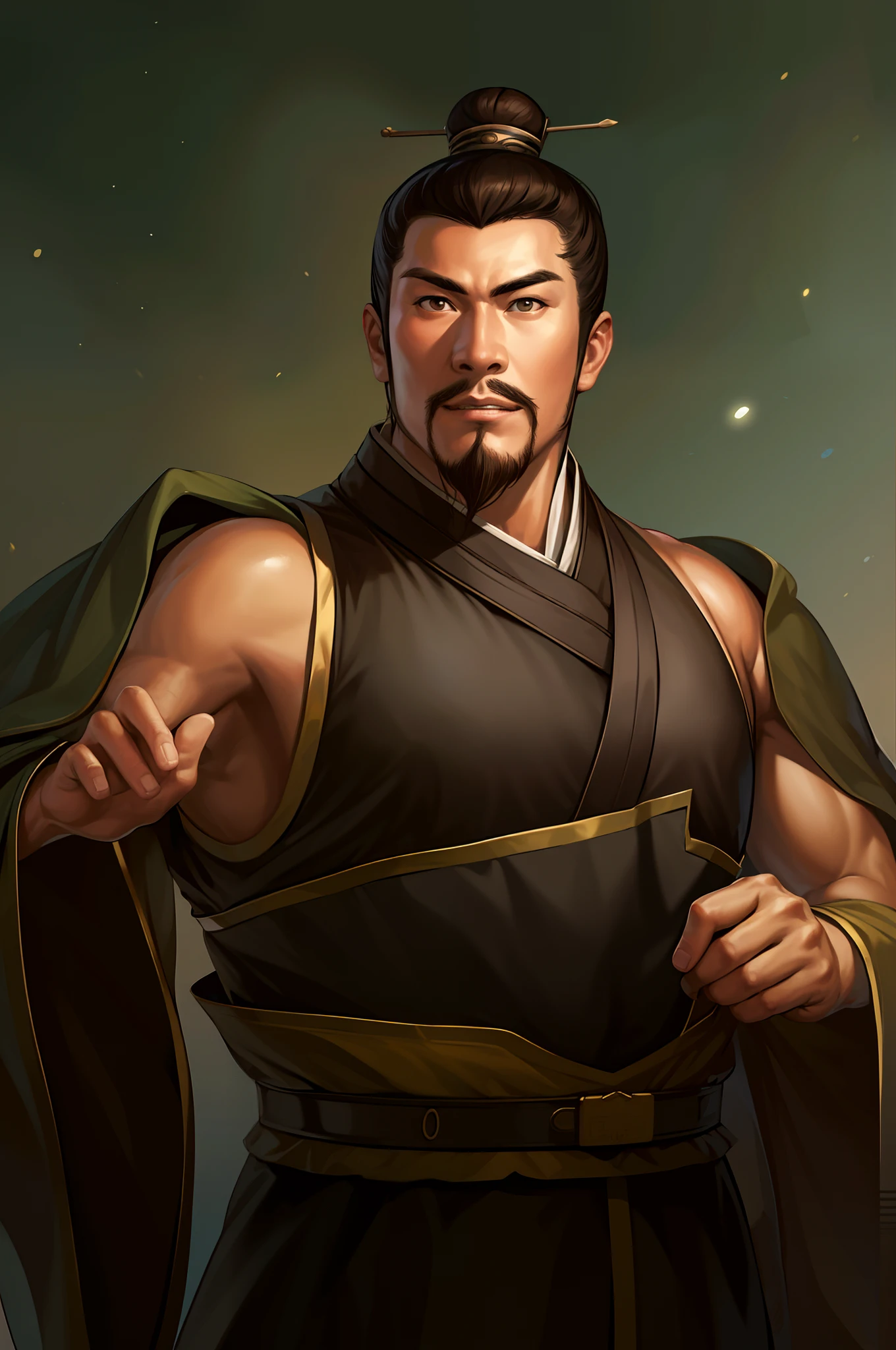 (4k, best quality, highres:1.1), (masterpiece:1.1), man, Chinese male, detailed eyes, looking at viewer, (Collin Chou:1.5),
male_focus,  , 1boy,   facial_hair,  brown_eyes, katana, chinese_clothes, crew cut,muscular, wide shoulder, topknot, confident,