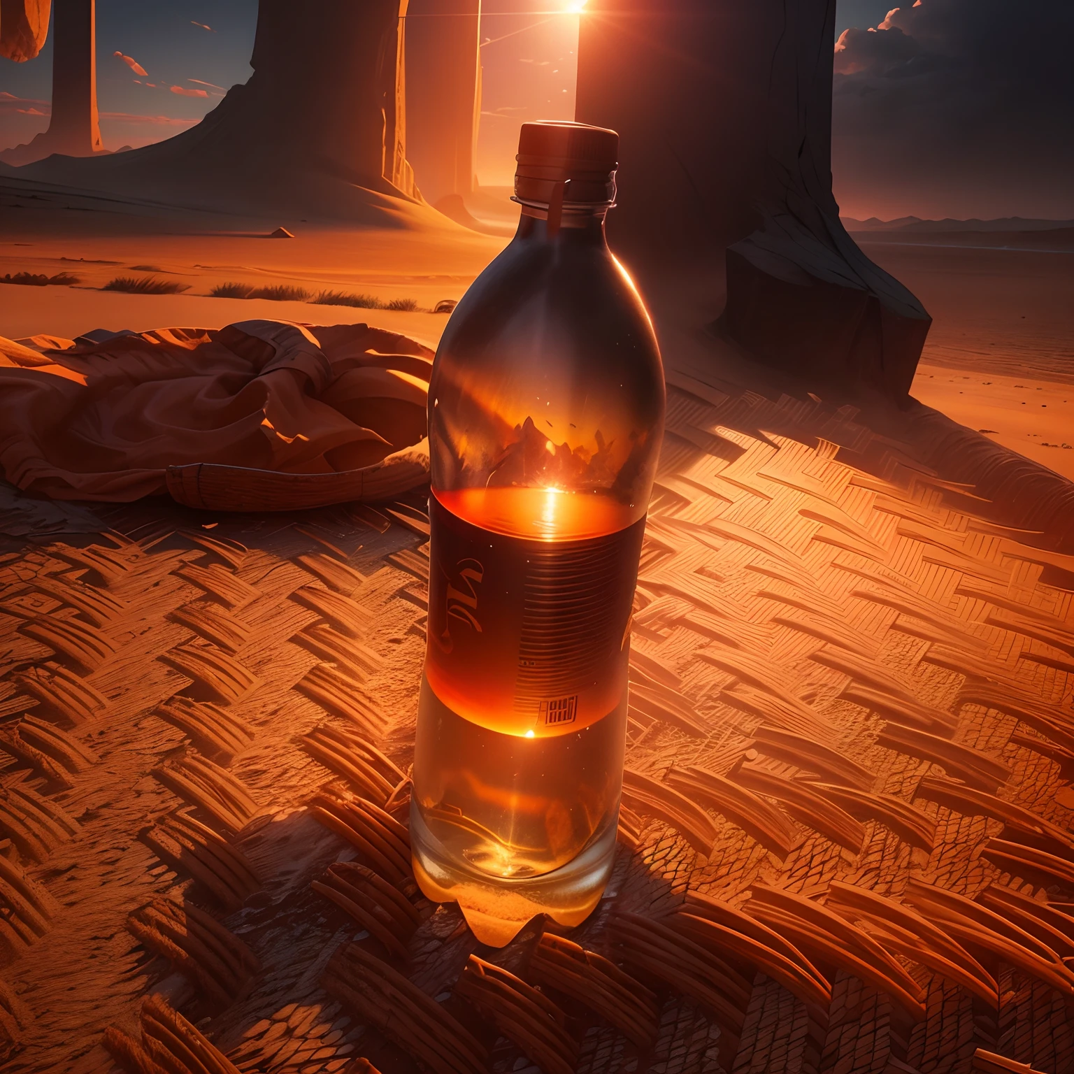 Change this bottle background to dune, sunset, professional product photography