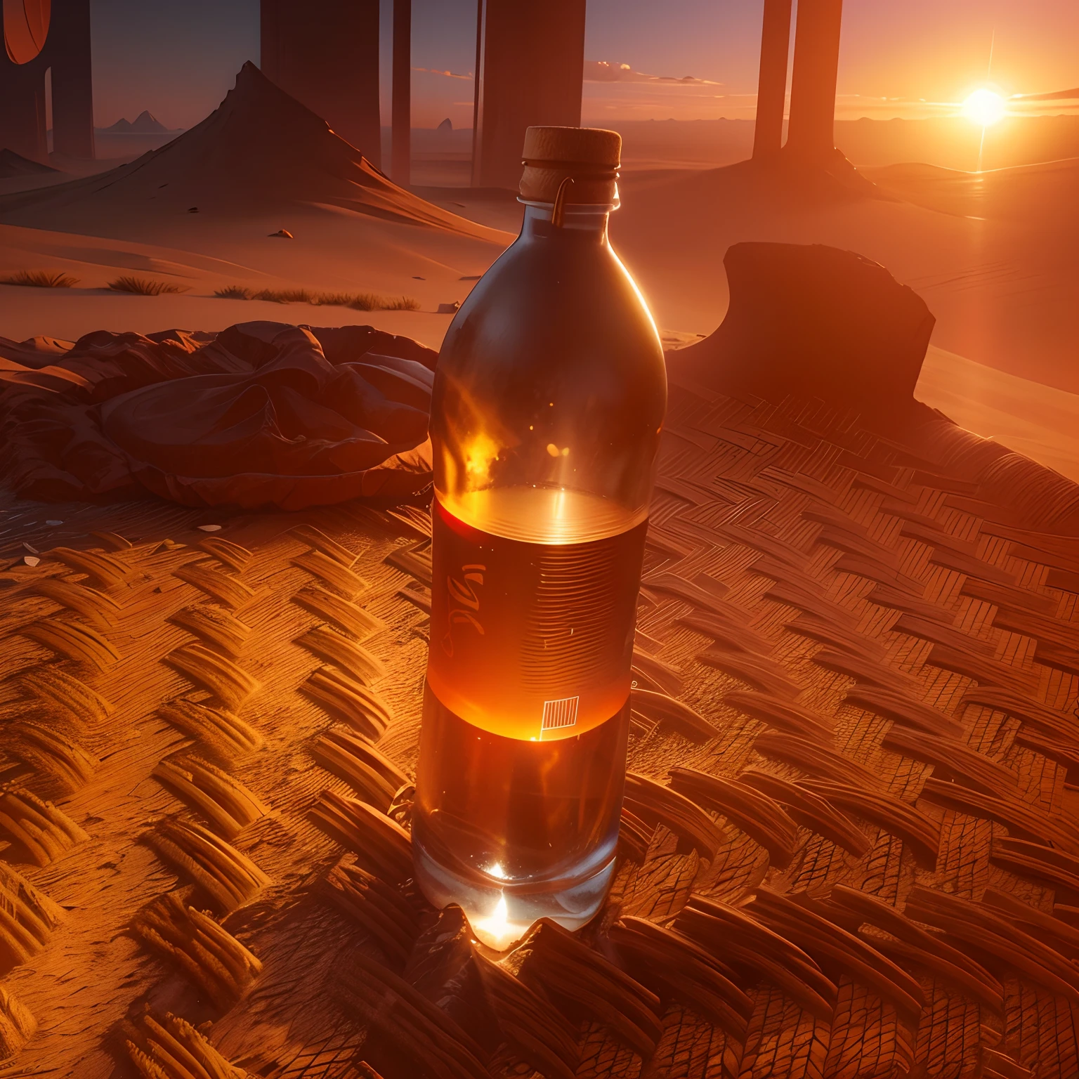 Change this bottle background to dune, sunset, professional product photography