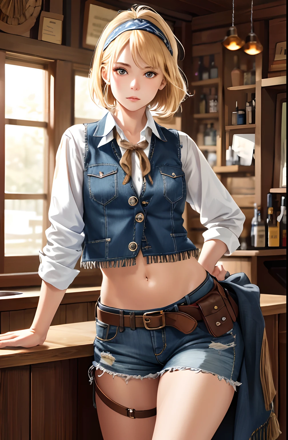 Cinematic portrait photography、octan render、8K、1girl in、Calm、Calm、(Eye for realistic details、natural skin textures、Realistic face details)、Soft dramatic lighting、depth of fields、bokeh dof、vibrant detail、finely detail、Surreal、100mm film、Hazy blur、filmg、a blond、verd s eyes、Cowgirl costume, cowboy boots, fringe trim, vests, Tied shirt, Midriff, holster, bandana, Sheriff Badge, Glass on the counter, a bar counter, Wooden wall,Riding a horse to a man