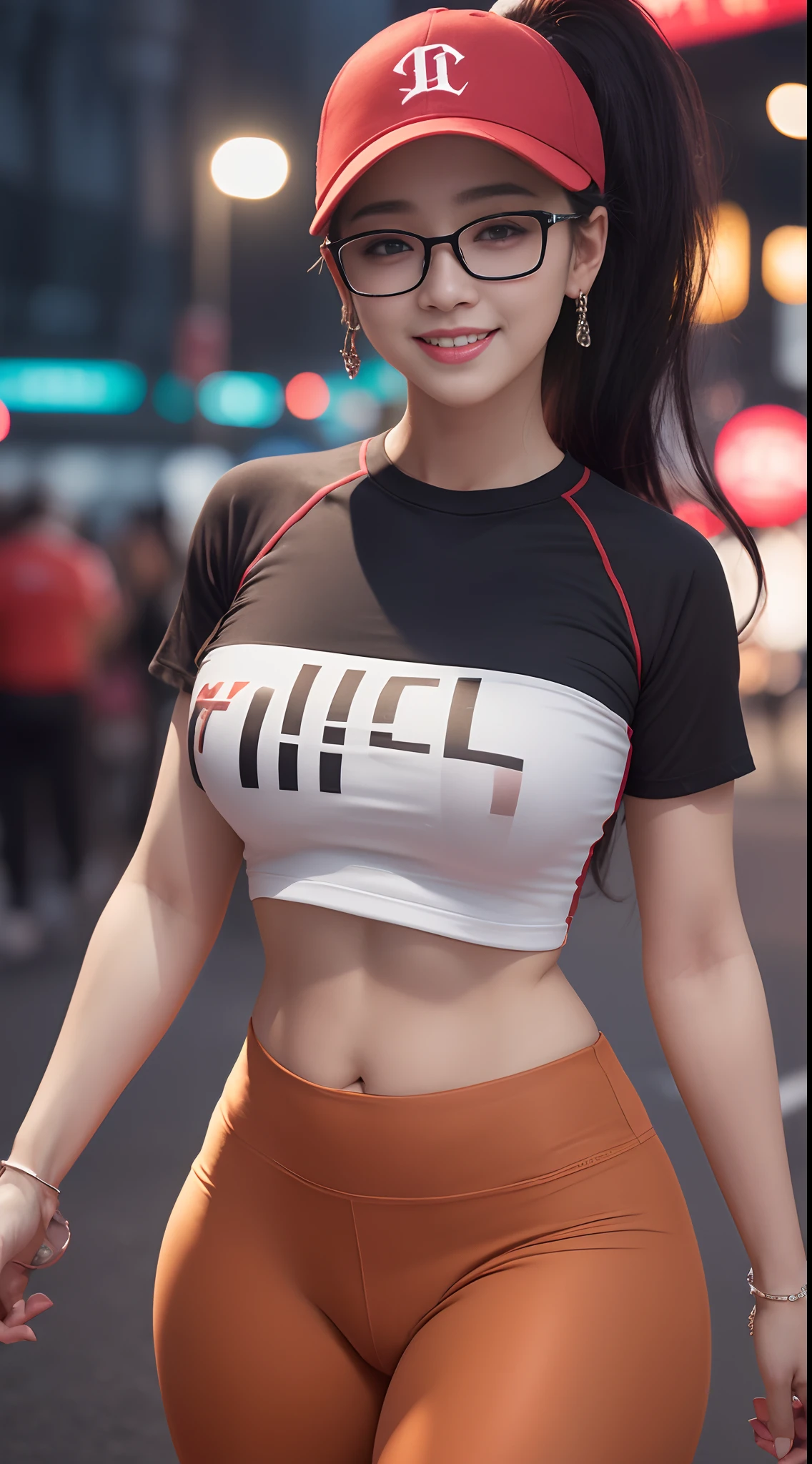 8k, masterpiece, RAW photo, best quality, photorealistic, extremely detailed CG unity 8k wallpaper, Depth of field, Cinematic Light, Lens Flare, Ray tracing, (extremely beautiful face, beautiful lips, beautiful eyes), intricate detail face, ((ultra detailed skin)) 1girl, full body, big breasts, in the dark, deep shadow, pretty korean girl, kpop idol,(very slim slender fit-muscled body), ((looking at viewer)),(big smile), (fashion city night, (neon sign), (blurry background), midnight, (vacant city), (without people in the background), pretty korean girl, white diamond earrings, dia bracelets, dia necklace, glasses, clear eyes, walking , front shot, (pale skin), face forward, (big eyes), ((upper body shot)), (baseball cap), ((red color leggings)), (camel toe,  shape), ((T-shirt)), (ponytail) (looking at viewer), ((smile)), ((dynamic pose))