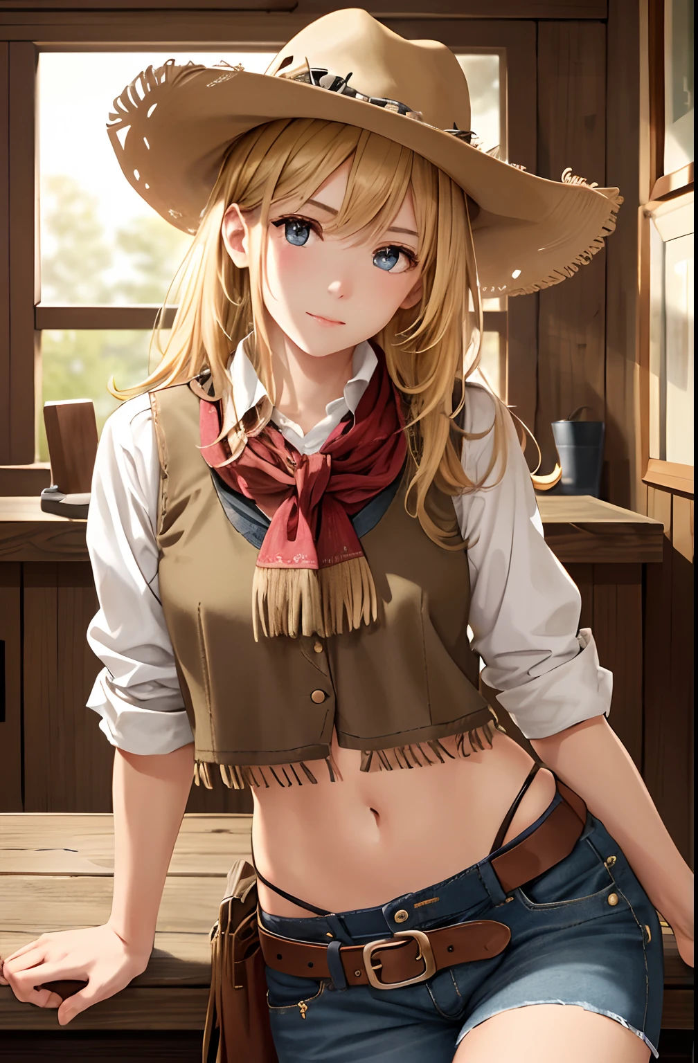 wonderful a 18 year old woman dressed as a cowgirl with brown suspender ,gunbelt  and bandana black clothing and her genitals visible topless nude  and nipples big-boobs smile  same person no change in house of  4 poses styles.