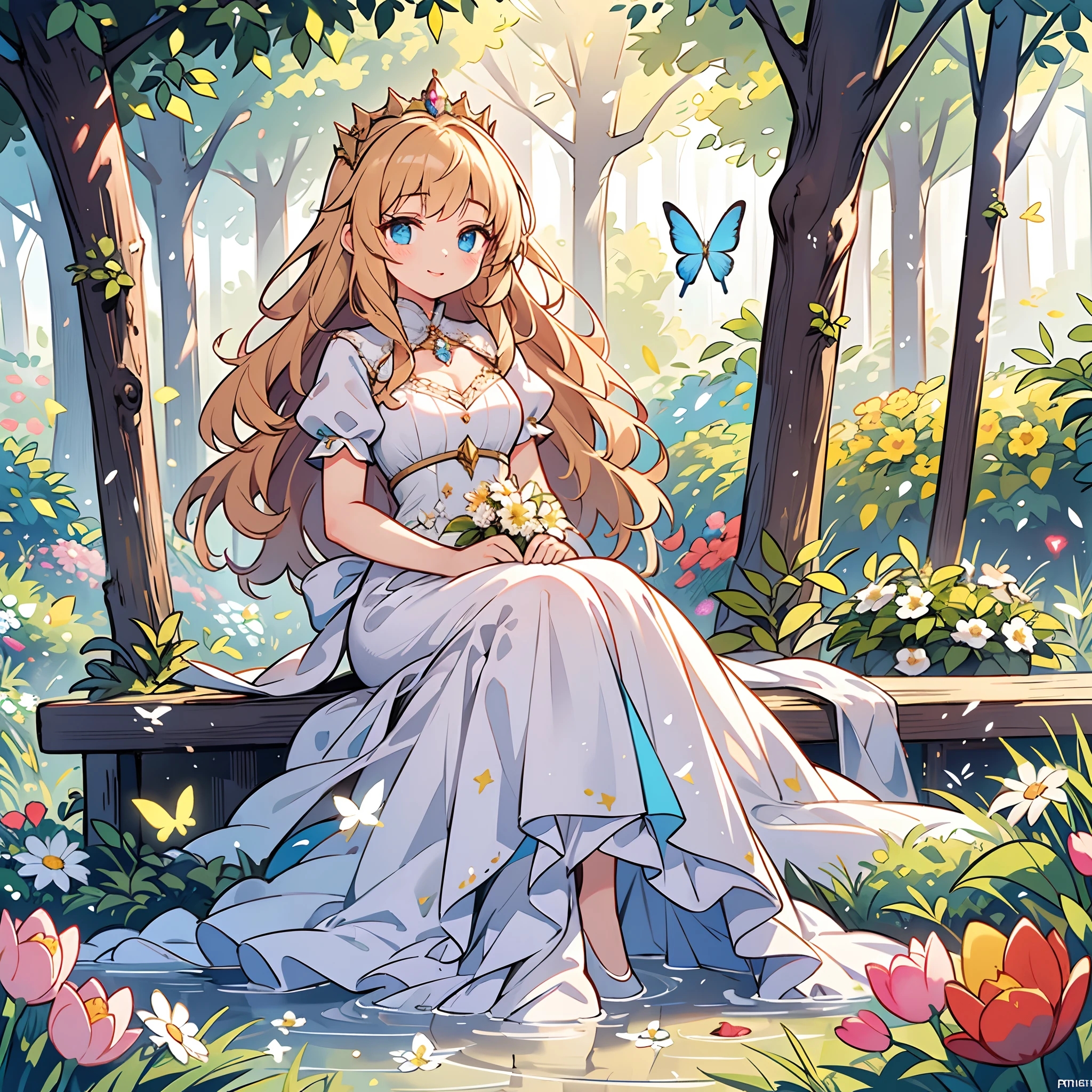 a princess in a garden,sitting on a beautiful flower bed,holding a bouquet of blooming flowers, surrounded by vibrant butterflies and graceful birds, bathed in the soft sunlight. Her dress is made of fine silk and adorned with delicate lace, reflecting the elegance of royalty. Her long, flowing hair is adorned with a crown made of sparkling diamonds and precious gemstones, shimmering under the gentle breeze. She has enchanting, deep blue eyes that sparkle with wisdom and kindness. Her lips are delicately curved into a warm smile, radiating pure joy. The garden is filled with an array of colorful flowers, including roses, tulips, and daisies, creating a picturesque scene. The princess is the epitome of grace and beauty, exuding a sense of regal charm. The artwork is created using exquisite oil painting techniques, capturing every intricate detail of the princess and the vibrant garden. The colors are vivid and vibrant, with a harmonious blend of pastel hues, creating a dream-like atmosphere. The lighting is soft and warm, casting a gentle glow on the princess and illuminating the surrounding scenery. The artwork is of the highest quality, with ultra-detailed brushstrokes and realistic texture, resembling a masterpiece from a renowned artist. The overall composition exudes a sense of tranquility and elegance, inviting viewers to immerse themselves in the enchanting world of the princess of the month of April.