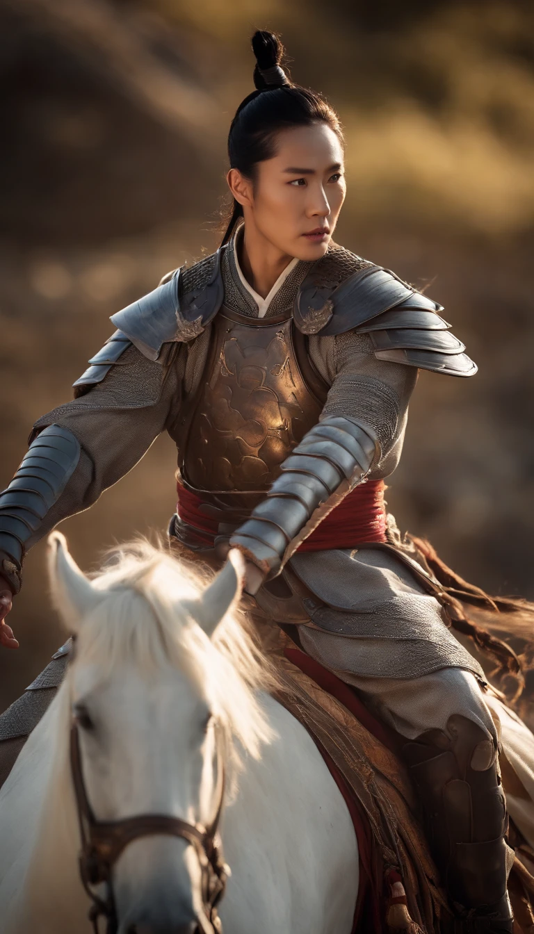 A Korean man，Armor-piercing ancient Chinese armor combat clothing，Ponytail hairstyle，Ride a white horse，Glowing skin，suns，Wind surrounds，Motion blur background，looks into camera，Contre-Jour，8K，super detailing，tmasterpiece，best qualtiy