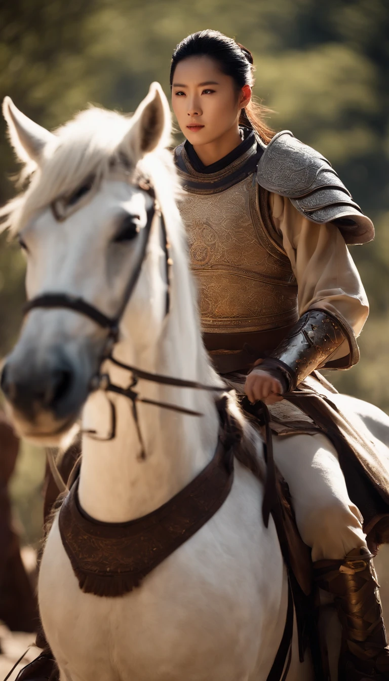 A Korean man,Armor-piercing ancient Chinese armor combat clothing,Ponytail hairstyle,Ride a white horse,Glowing skin,suns,Wind surrounds,Motion blur background,looks into camera,Contre-Jour,8K,super detailing,tmasterpiece,best qualtiy