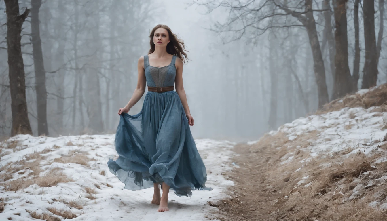 close up, medieval Hungary, bare feet peeking out from tattered grey blue skirts, running over snow, night, darkness, forest, eerie, mystical, stained dress, cinematic scene from film