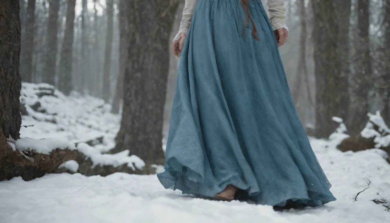close up, medieval Hungary, bare feet peeking out from tattered grey blue skirts, running over snow, night, darkness, forest, eerie, mystical, stained dress, cinematic scene from film