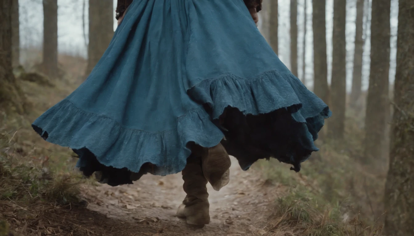 close up, medieval Hungary, bare feet peeking out from tattered grey blue skirts, running over snow, night, darkness, forest, eerie, mystical, stained dress, cinematic scene from film