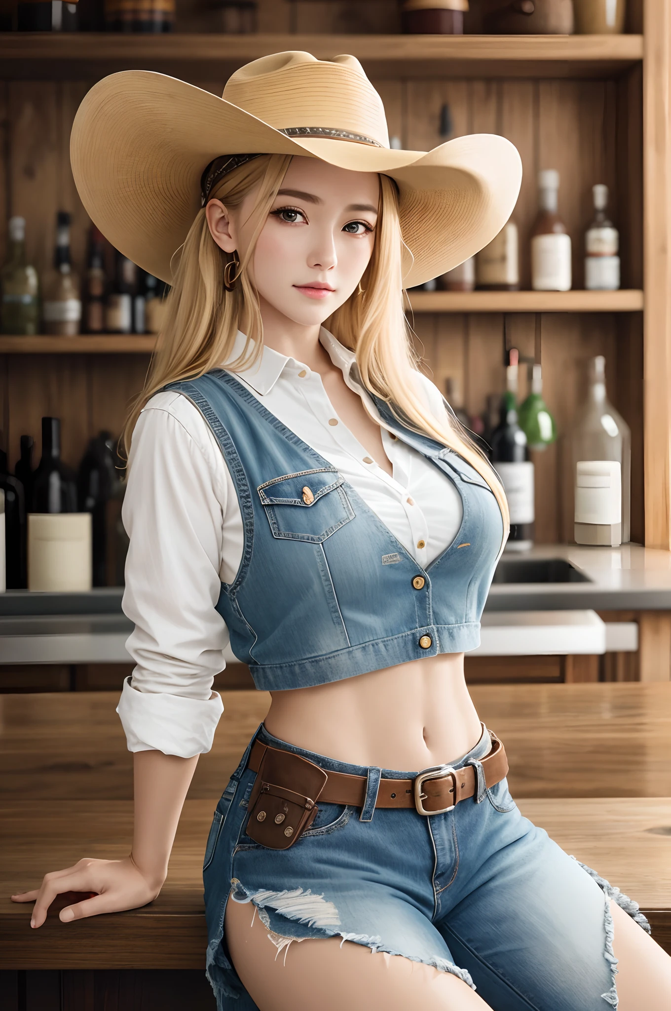(((cowgirl costume))),(((wear a low waist denim shorts and a long western boots))),(((sit and spread legs))),(((wear a Western Hat))),(((wearing a leather belt))),(((wearing a leather vest and a plaid front-knot shirt))),(((Show cleavage))),(((bare inner thigh))),(((bare side breast))),(((Her hair is blonde))),ulzzang-6500-v1.1, (Raw photo:1.2), (Photo realistic:1.4), a beautiful detailed girl, extremely detailed eye and face, beautiful detailed eyes, ultra-detailed, High resolution, top-quality, masterpiece, highly detailed, 8k wallpaper, Wonderful, finely detail, top-quality, Light on the face,电影灯光,1girl in,(Fort Worth Stockyards Cowtown Coliseum),Beautiful eyes,smile,Opening Mouth