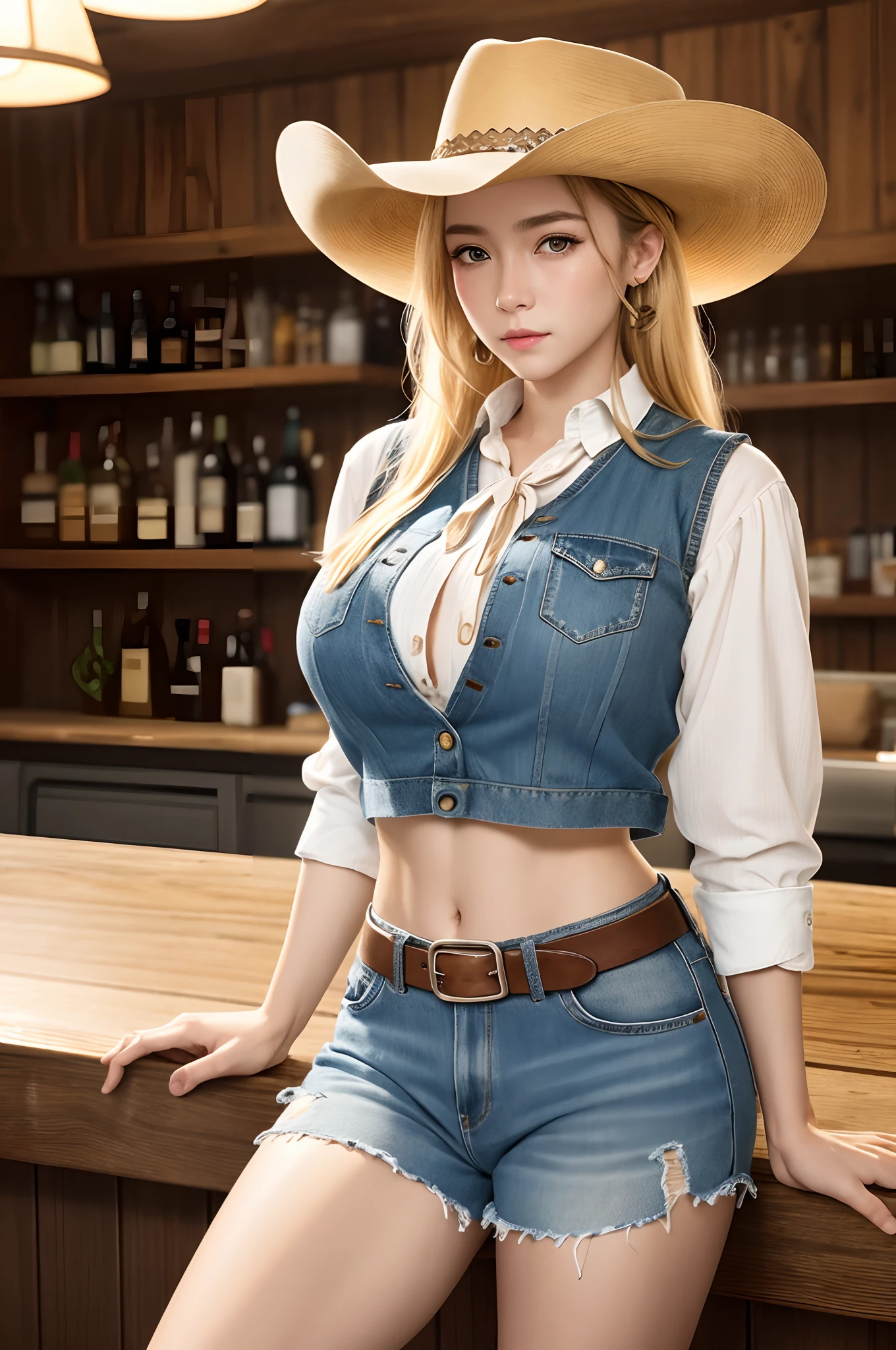 Cinematic portrait photography、octan render、8K、1girl in、Calm、Calm、(Eye for realistic details、natural skin textures、Realistic face details)、Soft dramatic lighting、depth of fields、bokeh dof、vibrant detail、finely detail、Surreal、100mm film、Sexy cowgirl, Beautiful cowgirl, huge breasts, big butt, Hazy blur、filmg、a blond、verd s eyes、Cowgirl costume, cowboy boots, fringe trim, vests, Tied shirt, Midriff, holster, bandana, Sheriff Badge, Glass on the counter, a bar counter, Wooden wall,Riding a horse to a man, cowboy hat,