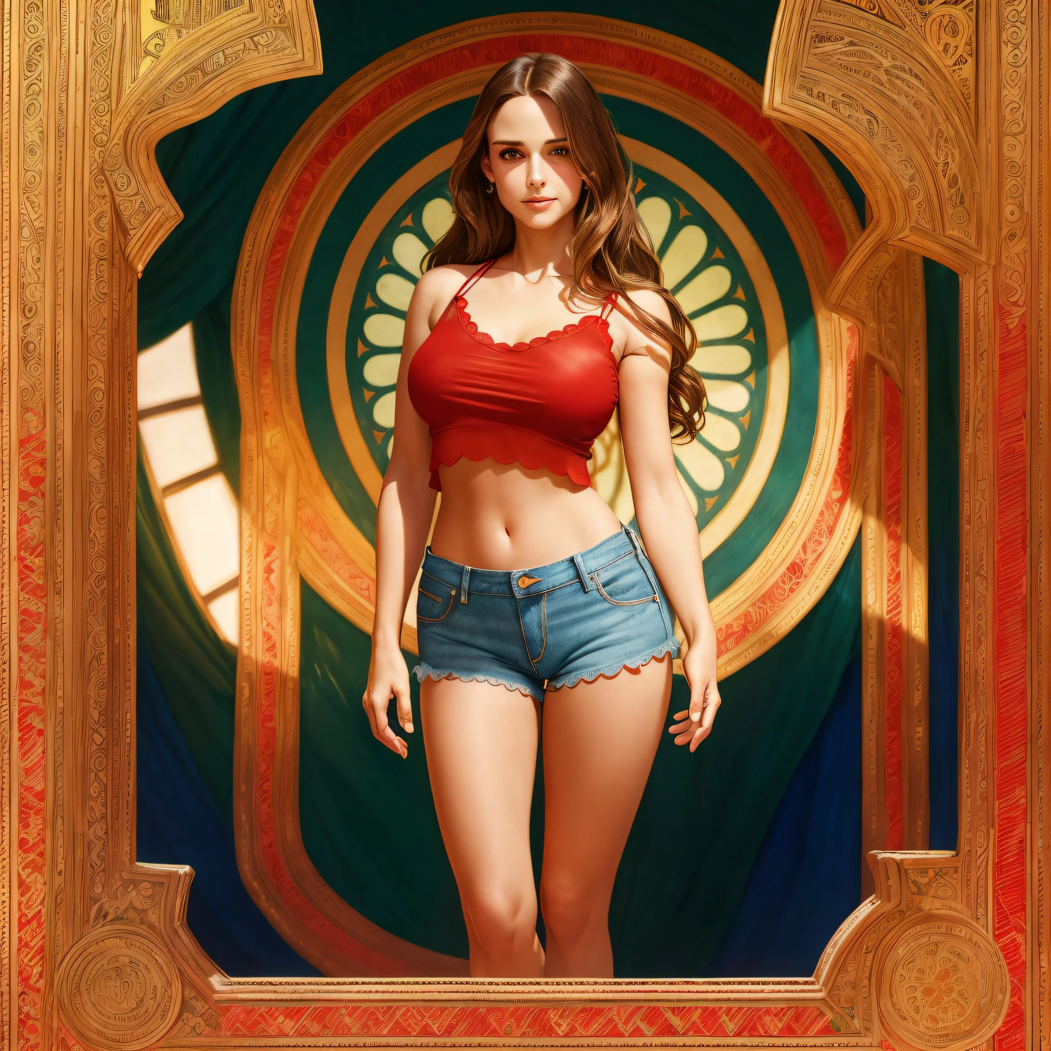 A stunning masterpiece of a high-res portrait of a beautifully detailed girl,natalie portman with long, shiny brown hair and mesmerizing hazel eyes, wearing (((a red top scalloped red straps))),((tank top)),midriff and ((Denim shorts)) and flashing a gorgeous smile that accentuates her small yet perfectly-formed breasts,front view,looking at camera,front view,eye contact camera,drawing by Luigi Lucarelli,Alphonse Mucha,ultra-fine painting,realistic:1.37,professional,photography,vivid colors,studio lighting)