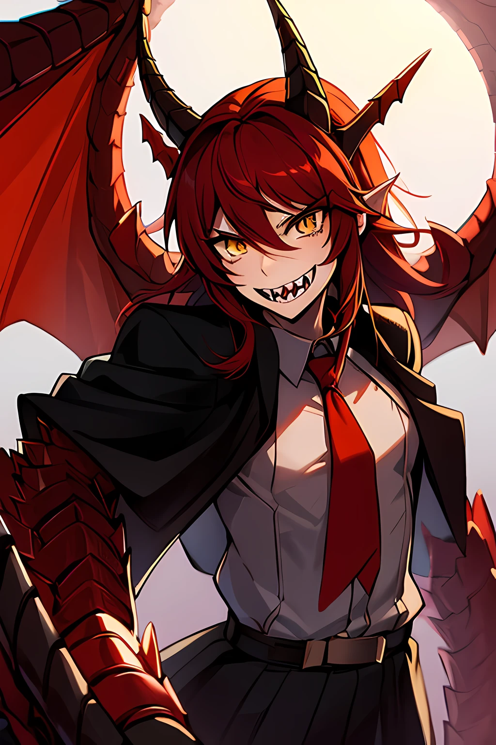 1dragon guy, dark red hair, goth school uniform, sharp teeth, fantasy school, freckles, red scales mixed with skin, yellow eyes