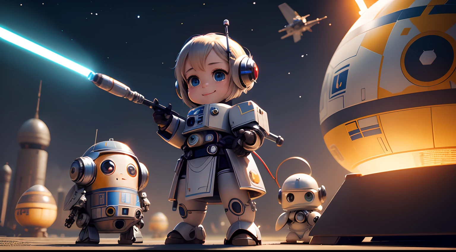 chibi, wizard, light, bright smile, fly, play  ,Cute Ultra Details, Realistic,Star Wars,Air jet Machine,30 small cute robot Meeting,Old Sci-Fi City Background, Cinematic Lighting, masterpiece,4k