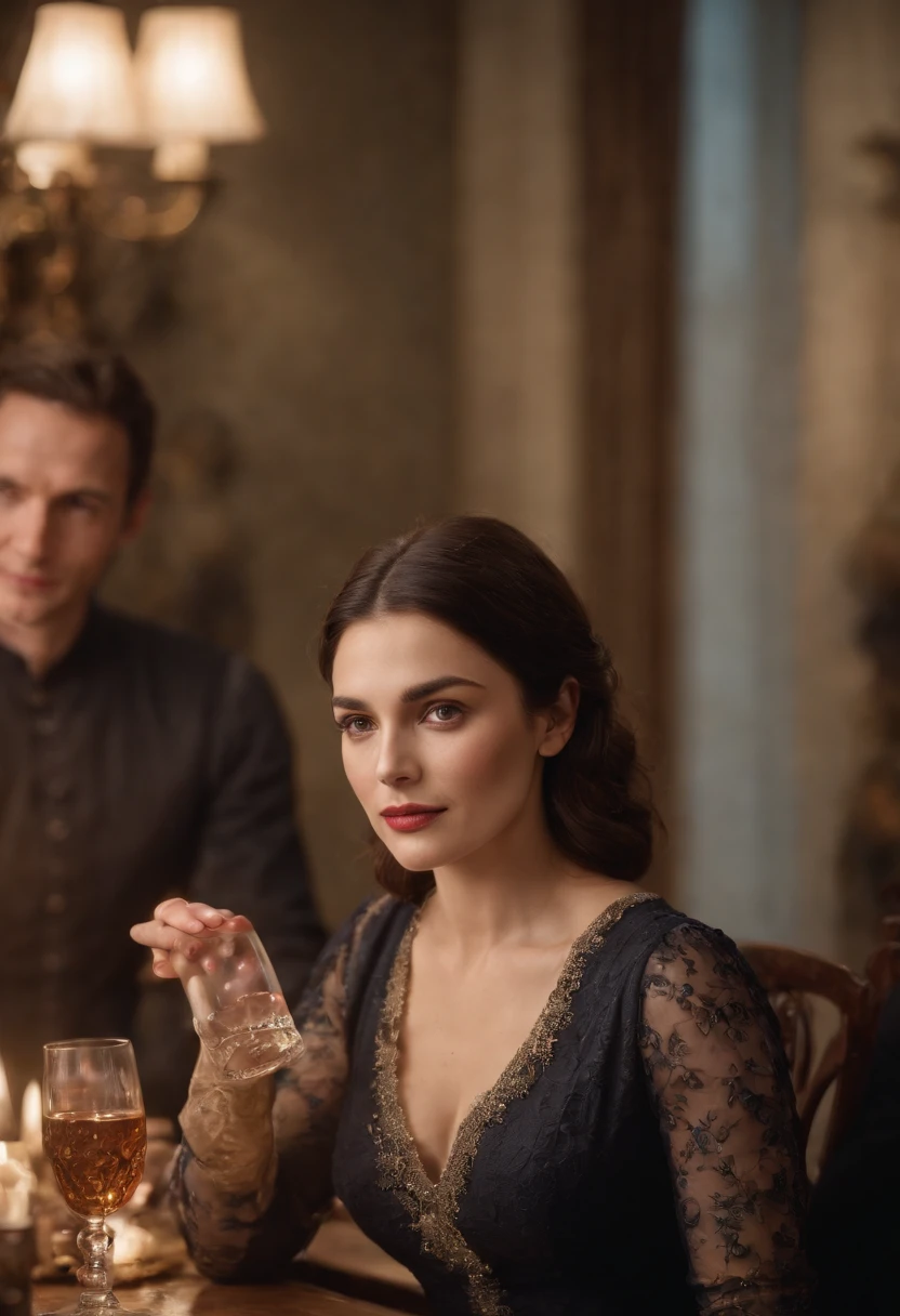 a woman standing with a glass of poison in her hand, Behind her is her family sitting at a large table, the background image of the family is blurred the woman is facing and when her family is at the back of the image,  Perfection of great quality in masterpiece of extraordinary detail