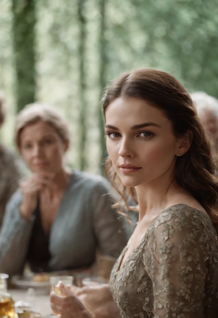 a woman standing with a glass of poison in her hand, Behind her is her family sitting at a large table, the background image of the family is blurred the woman is facing and when her family is at the back of the image, Perfection of great quality in masterpiece of extraordinary detail
